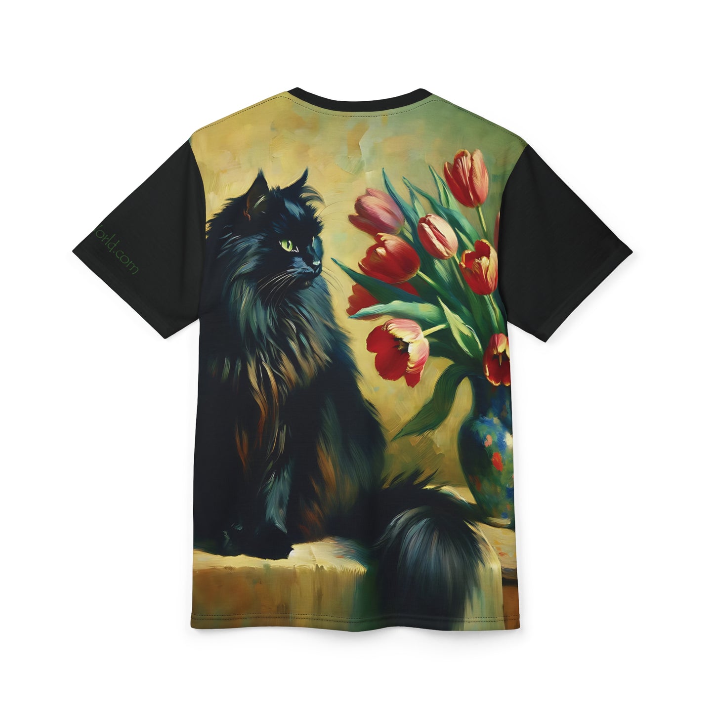 The Artist's Black Cat with Red Tulips Vibrant Art Tee | Colorful Unisex Cut & Sew T-Shirt, Wildlife Apparel, Unique Graphic Tee, Birthday Gift