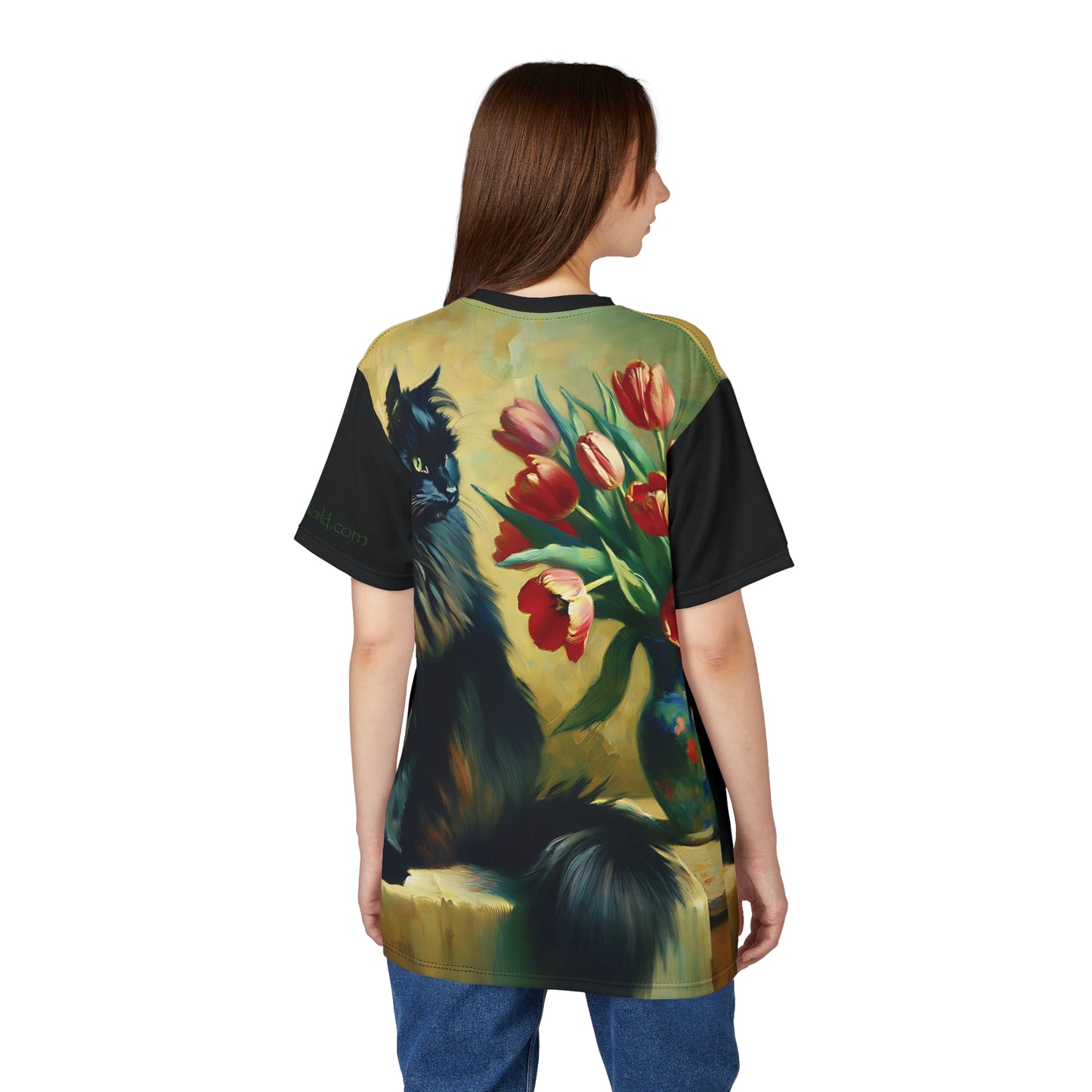 The Artist's Black Cat with Red Tulips Vibrant Art Tee | Colorful Unisex Cut & Sew T-Shirt, Wildlife Apparel, Unique Graphic Tee, Birthday Gift