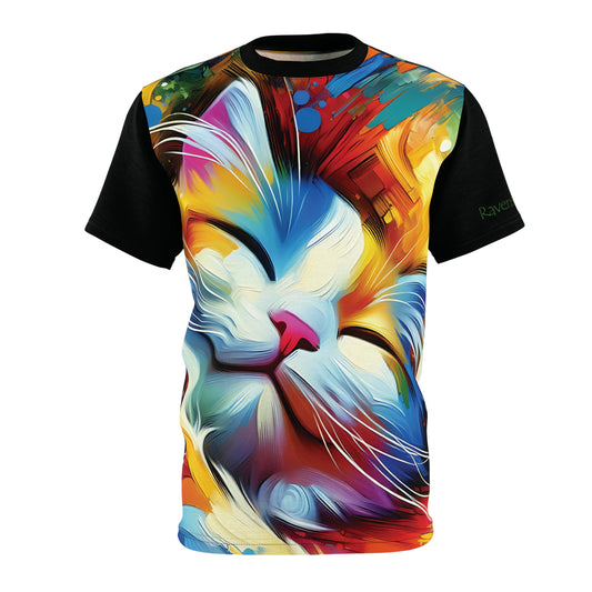 Happy Cat Dreams Vibrant Art Tee | Colorful Unisex Cut & Sew T-Shirt, Wildlife Apparel, Unique Graphic Tee, Birthday Gift