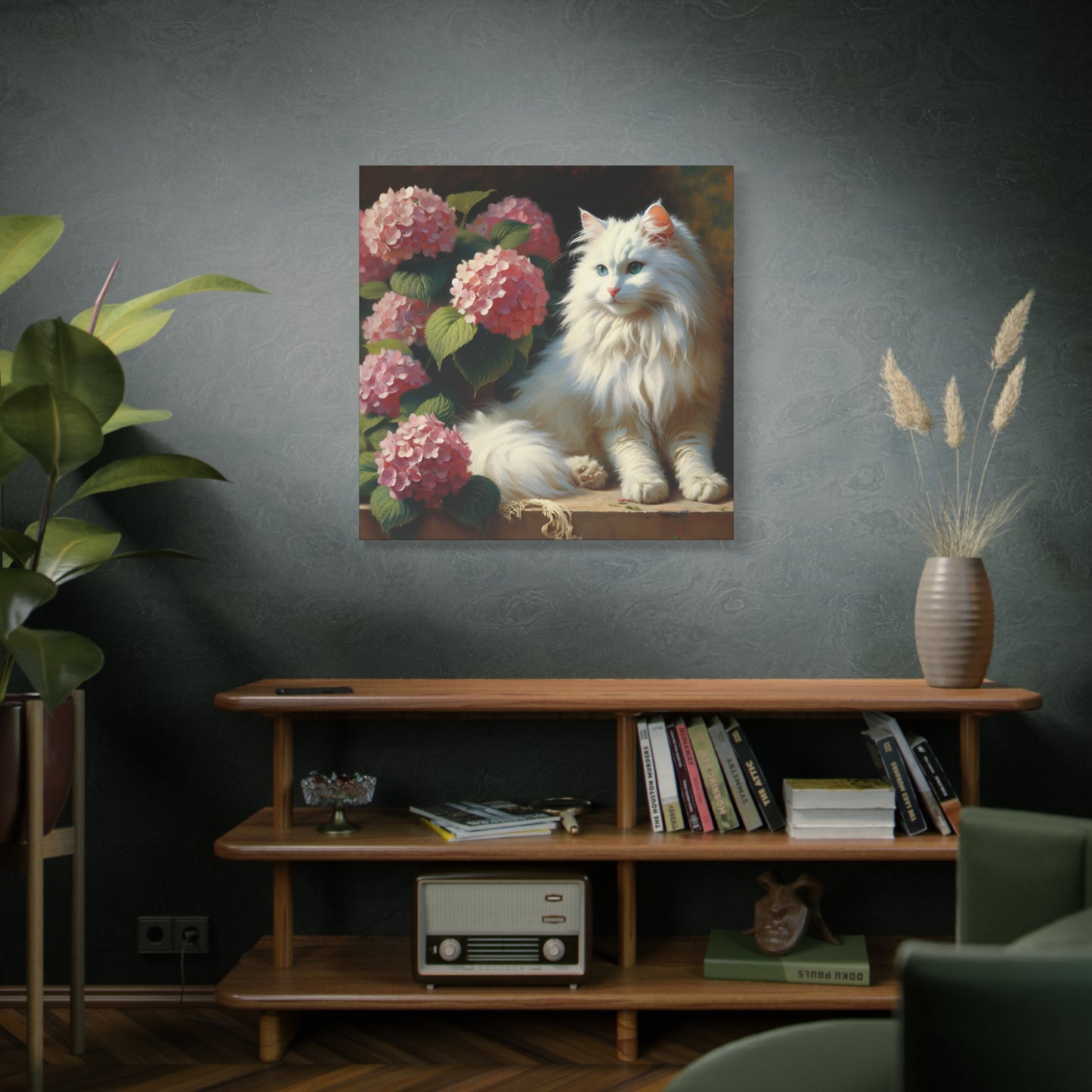 Canvas Wall Art - Blue-Eyed White Cat with Pink Hydrangeas, Impressionist Style Square Print