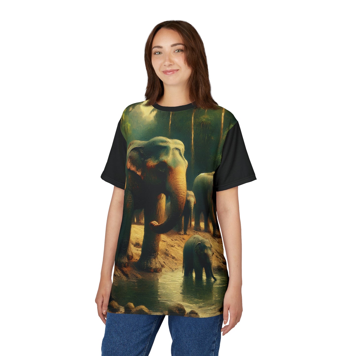 Asiatic Elephant Herd at Watering Hole Vibrant Art Tee | Colorful Unisex Cut & Sew T-Shirt, Wildlife Apparel, Unique Graphic Tee, Birthday Gift