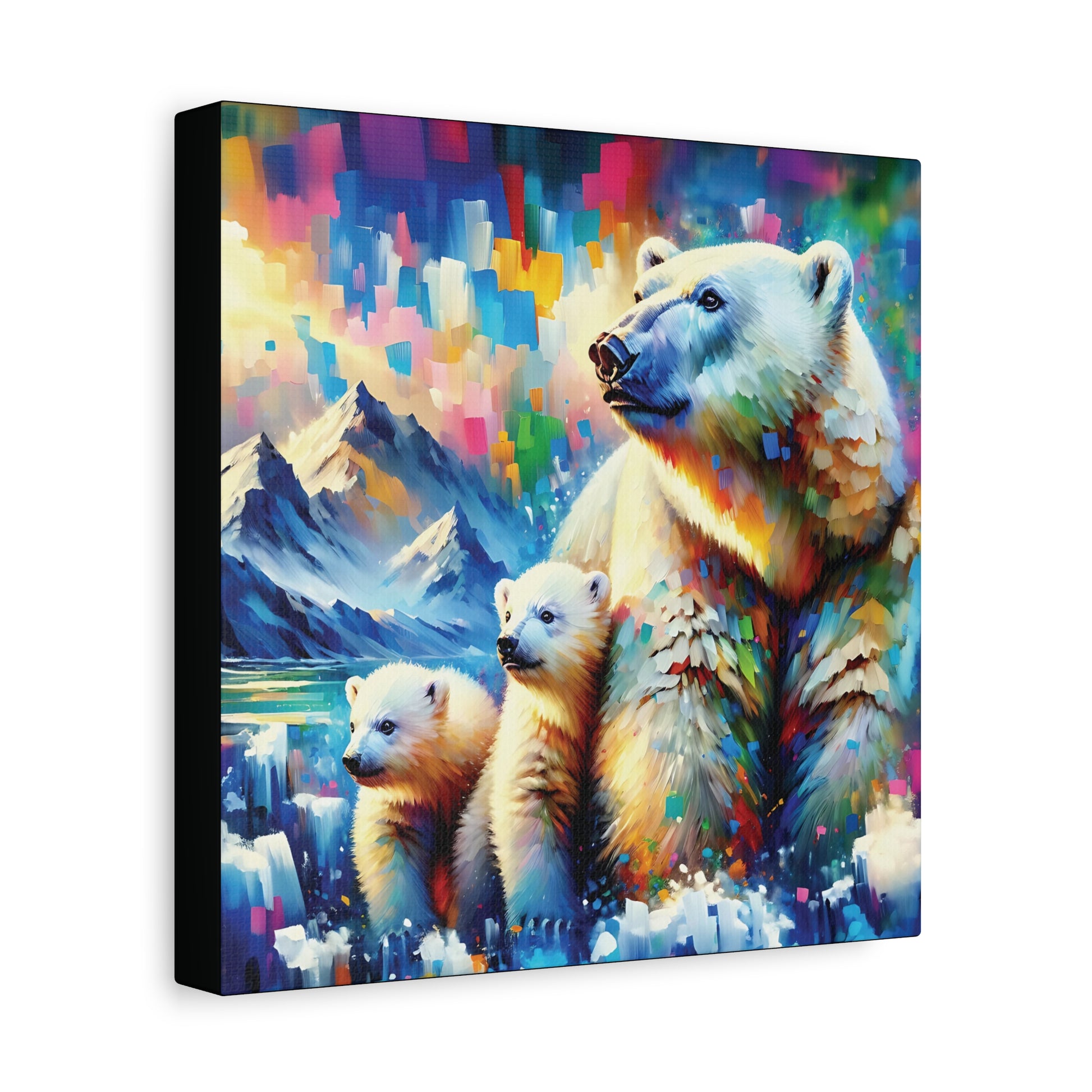 Canvas print of a polar bear and cubs with a colorful mountain background