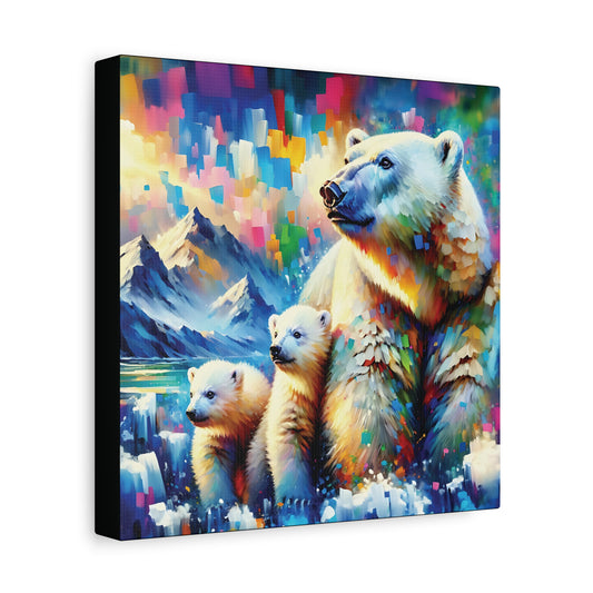 Canvas print of a polar bear and cubs with a colorful mountain background