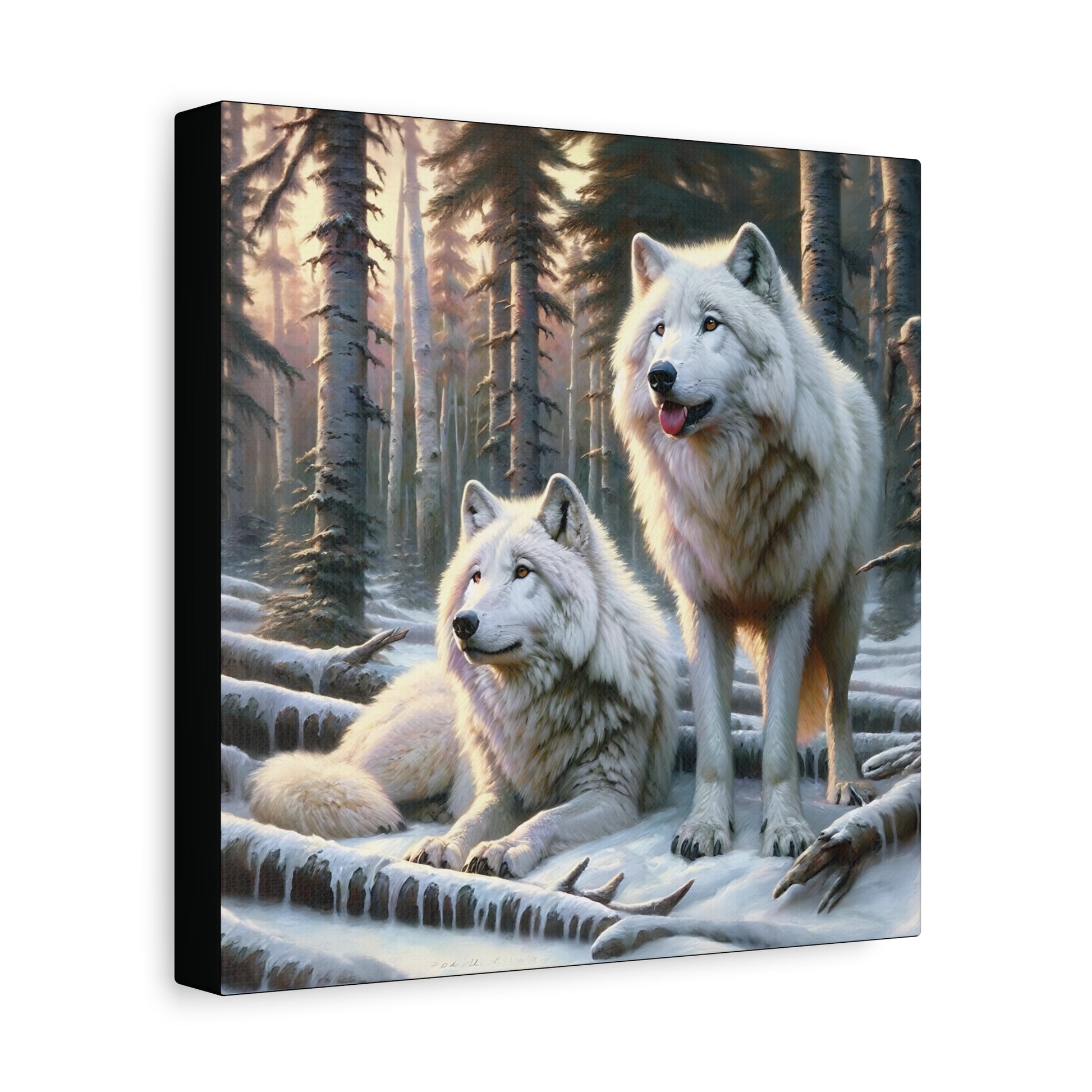 Two white wolves in a snowy forest scene on a canvas print.