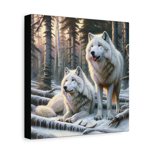 Two white wolves in a snowy forest scene on a canvas print.
