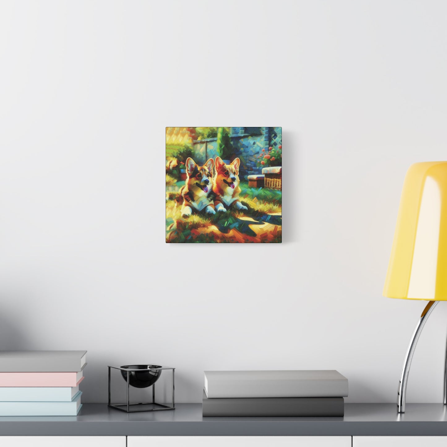 Canvas Wall Art - Pembroke Corgi Pair Resting in Garden - Contemporary Impressionist Print