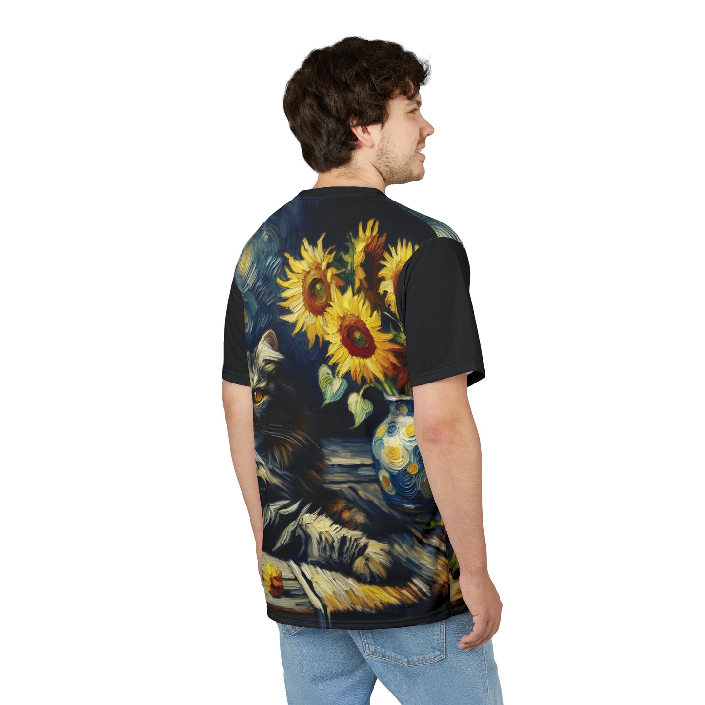 Grey Tabby Cat with Sunflowers Vibrant Art Tee | Colorful Unisex Cut & Sew T-Shirt, Cat Lover Apparel, Unique Graphic Tee, Birthday Gift
