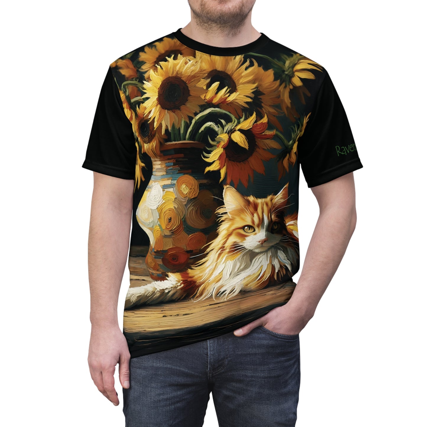 Orange and White Cat with Sunflowers Vibrant Art Tee | Colorful Unisex Cut & Sew T-Shirt, Cat Lover Apparel, Unique Graphic Tee, Birthday Gift