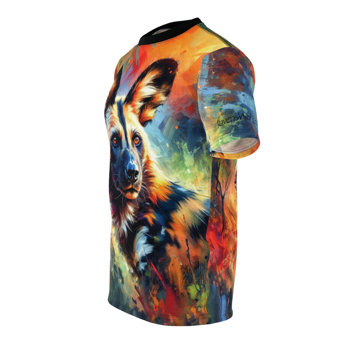 African Wild Dog Portrait Vibrant Art Tee | Colorful Unisex Cut & Sew T-Shirt, Wildlife Apparel, Unique Graphic Tee, Birthday Gift