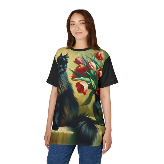 The Artist's Black Cat with Red Tulips Vibrant Art Tee | Colorful Unisex Cut & Sew T-Shirt, Wildlife Apparel, Unique Graphic Tee, Birthday Gift