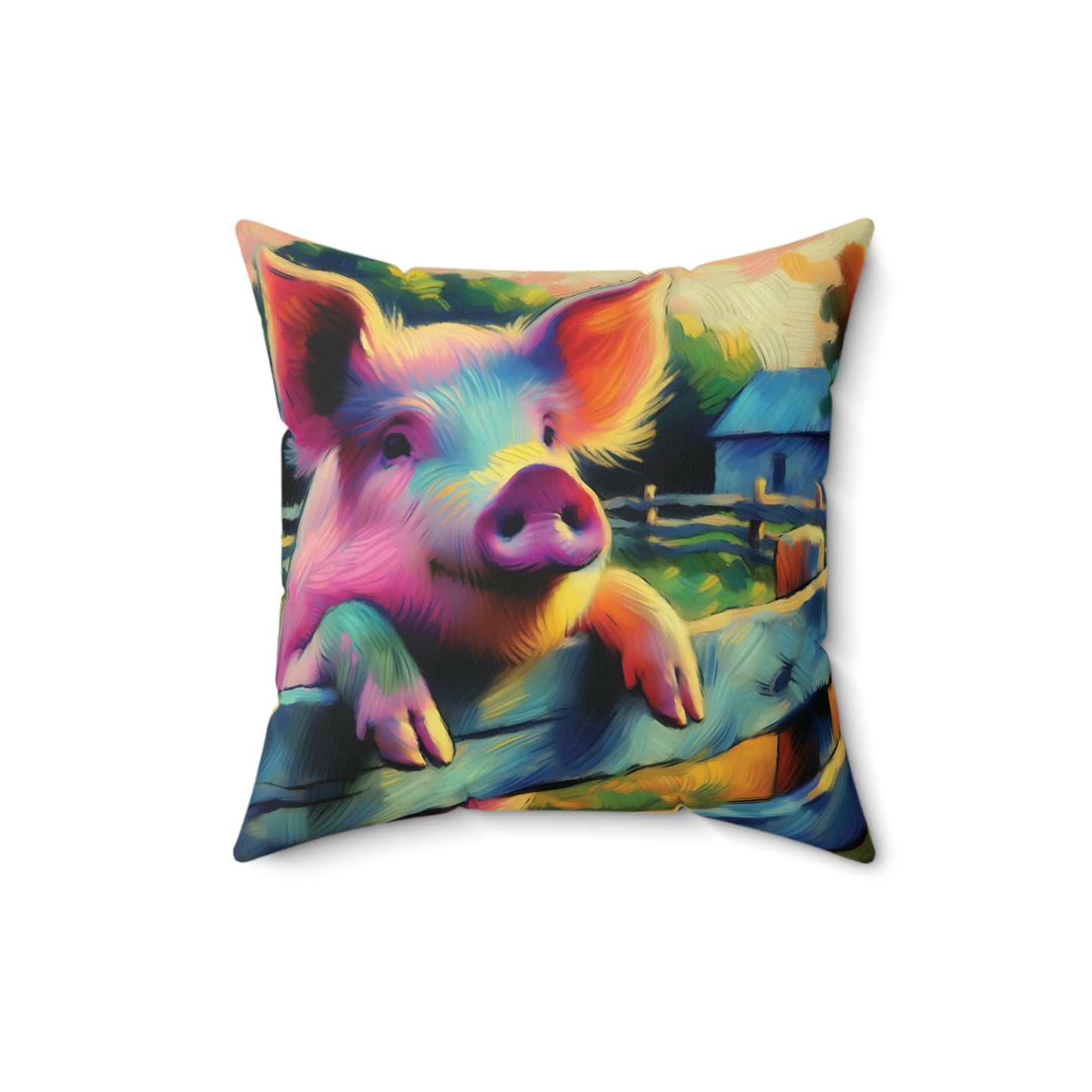 Pig Throw Pillow - Impressionist Style Art - Cute Pig with Fence on Faux Suede Square Pillow