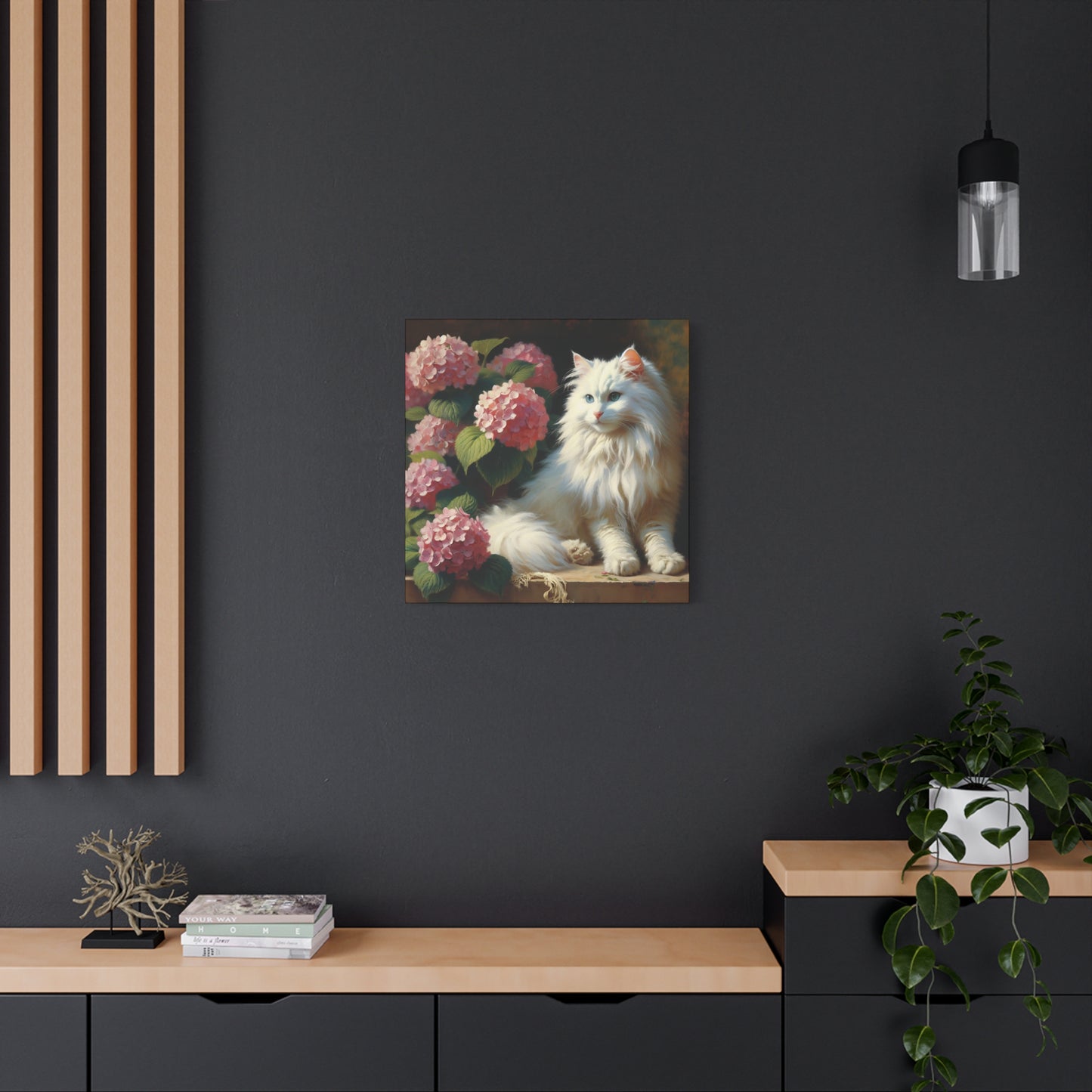 Canvas Wall Art - Blue-Eyed White Cat with Pink Hydrangeas, Impressionist Style Square Print