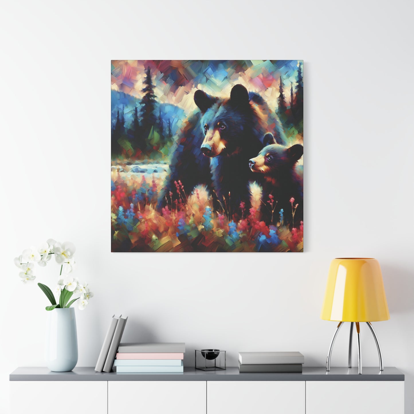Canvas Wall Art - Black Bear with Cub in Forest Clearing - Contemporary Impressionist Art Print