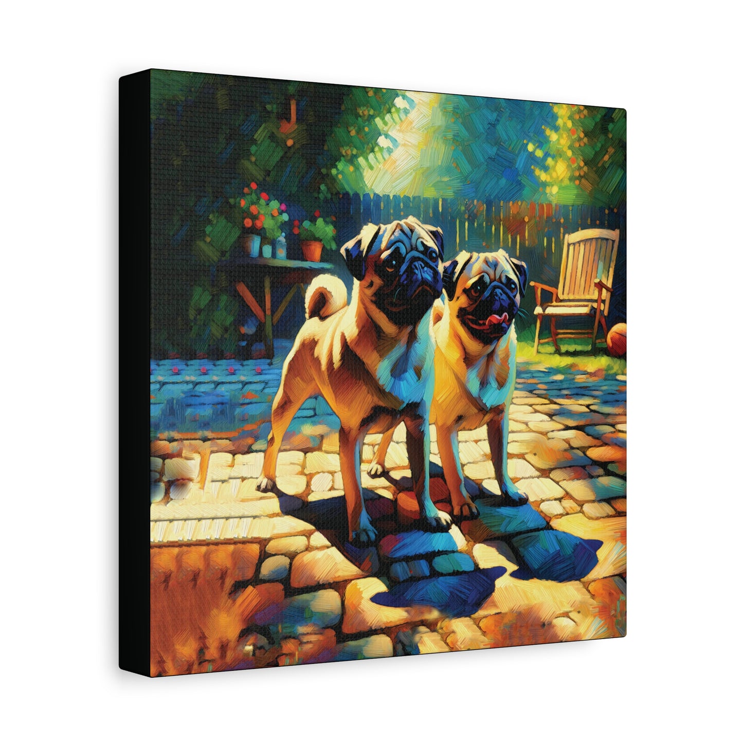 Canvas print of two pugs on a stone path with a colorful background