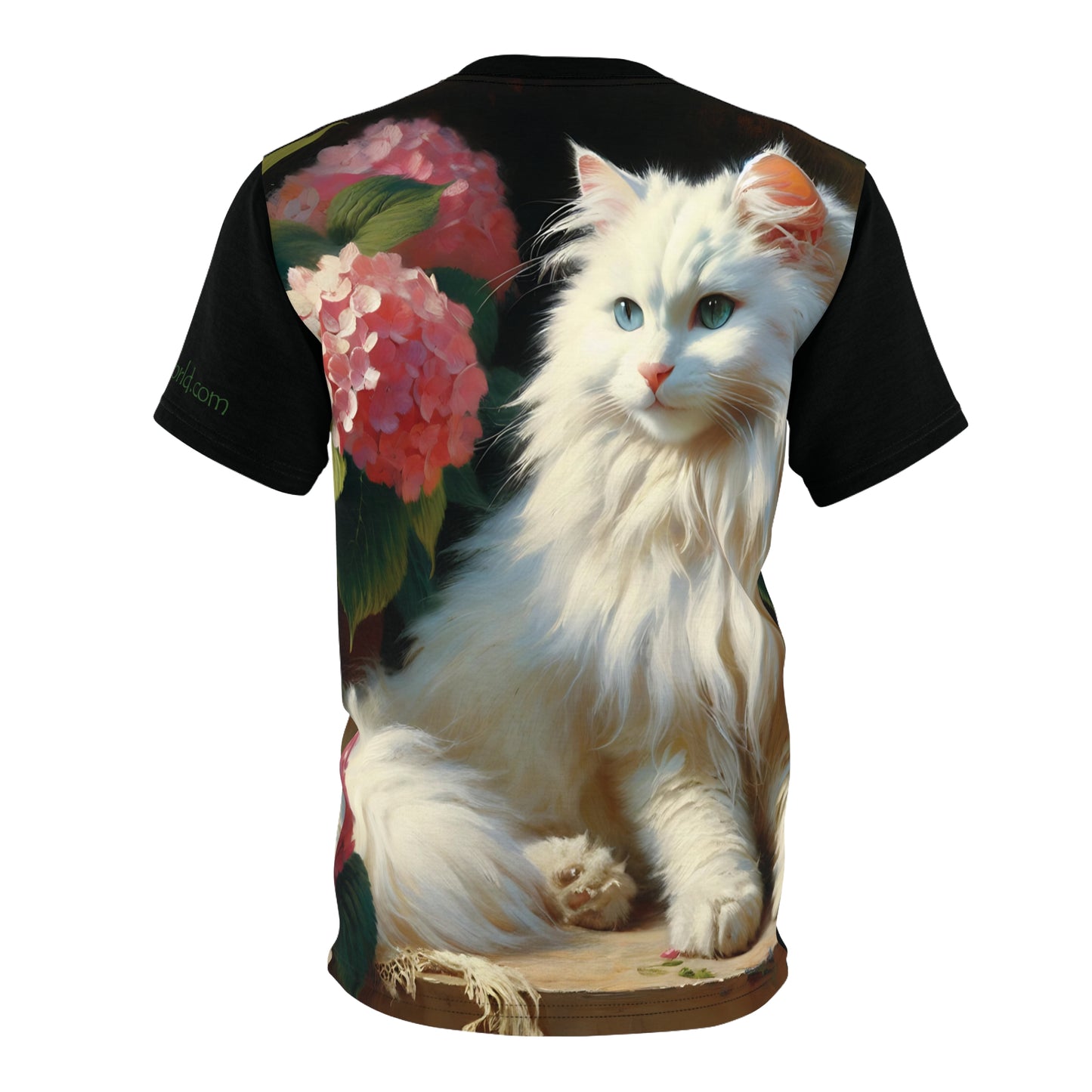 Blue-Eyed White Cat with Pink Hydrangeas Vibrant Art Tee | Colorful Unisex Cut & Sew T-Shirt, Wildlife Apparel, Unique Graphic Tee, Birthday Gift