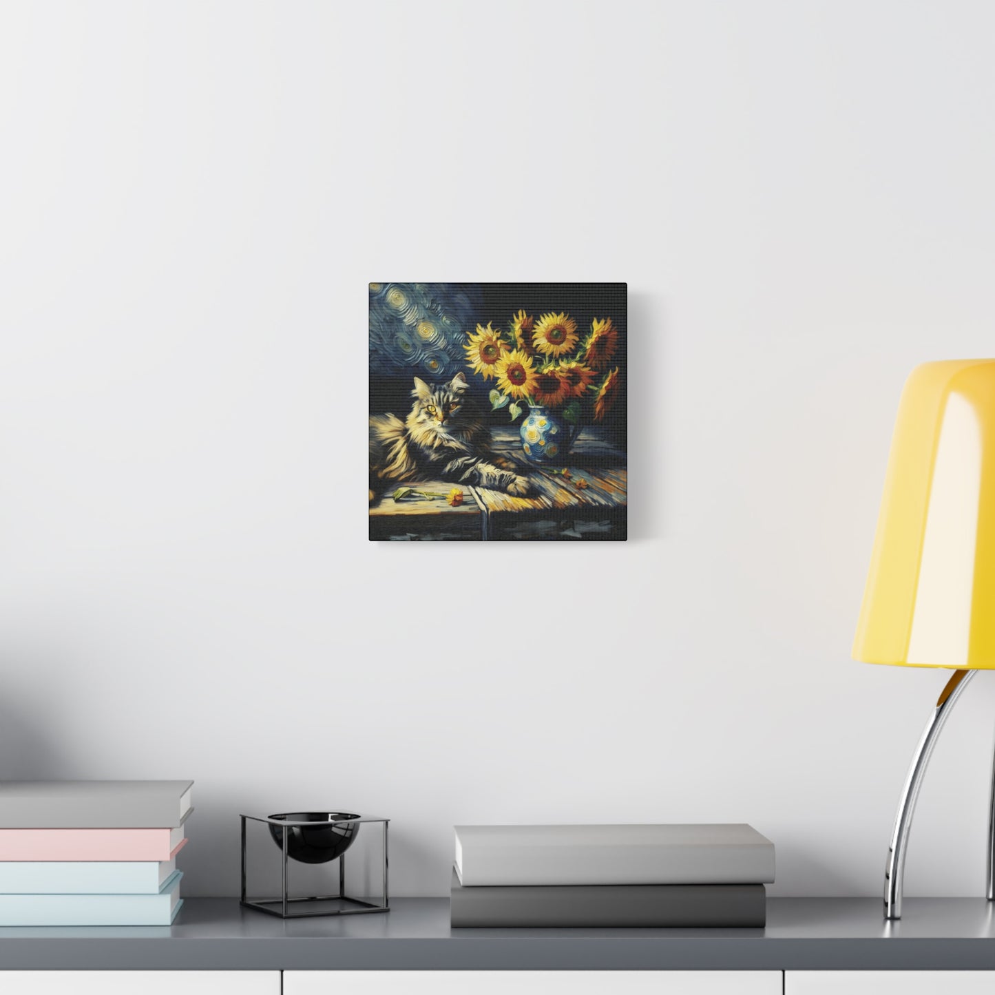 Canvas Wall Art - Grey Tabby Cat with Sunflowers - Old Master Style Art