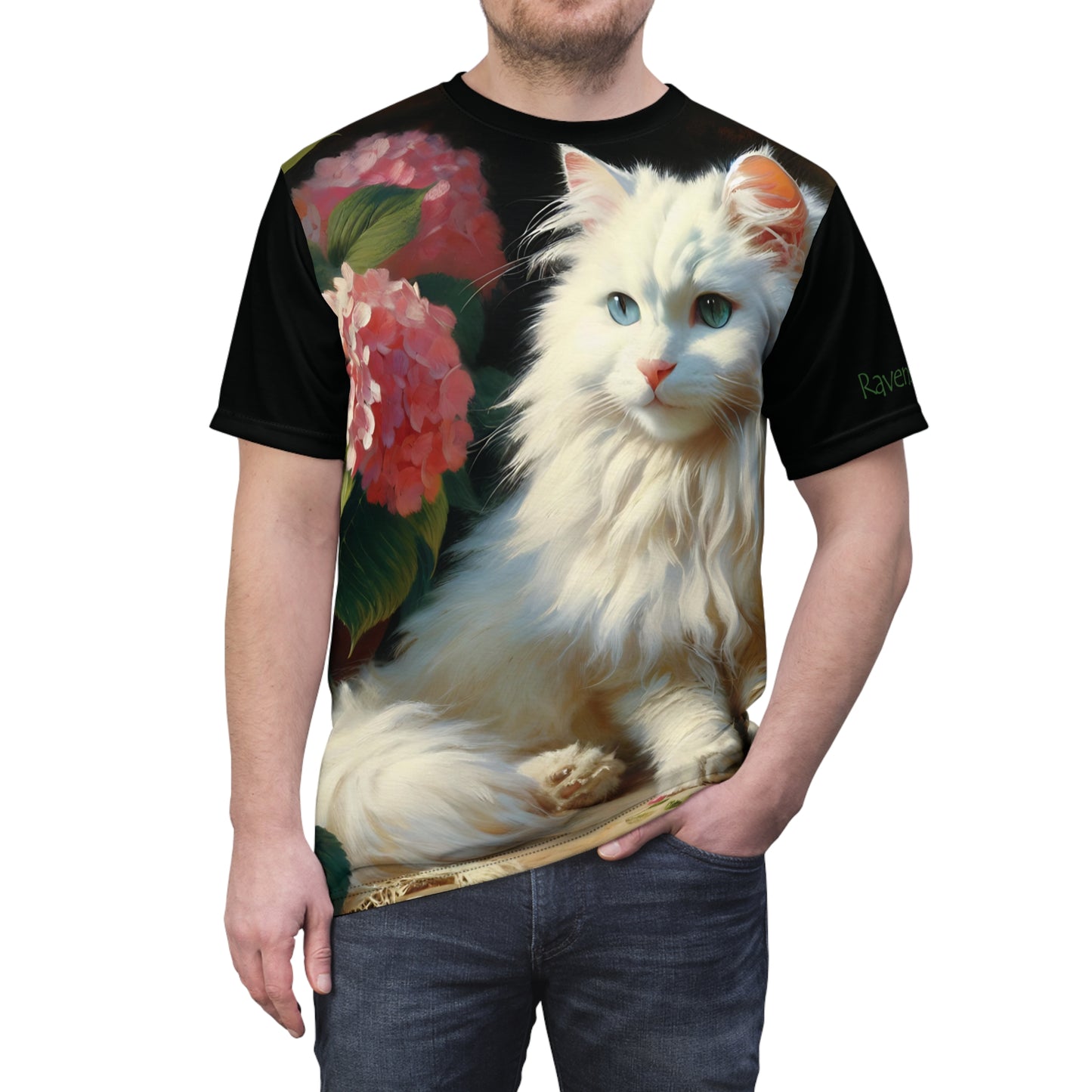 Blue-Eyed White Cat with Pink Hydrangeas Vibrant Art Tee | Colorful Unisex Cut & Sew T-Shirt, Wildlife Apparel, Unique Graphic Tee, Birthday Gift