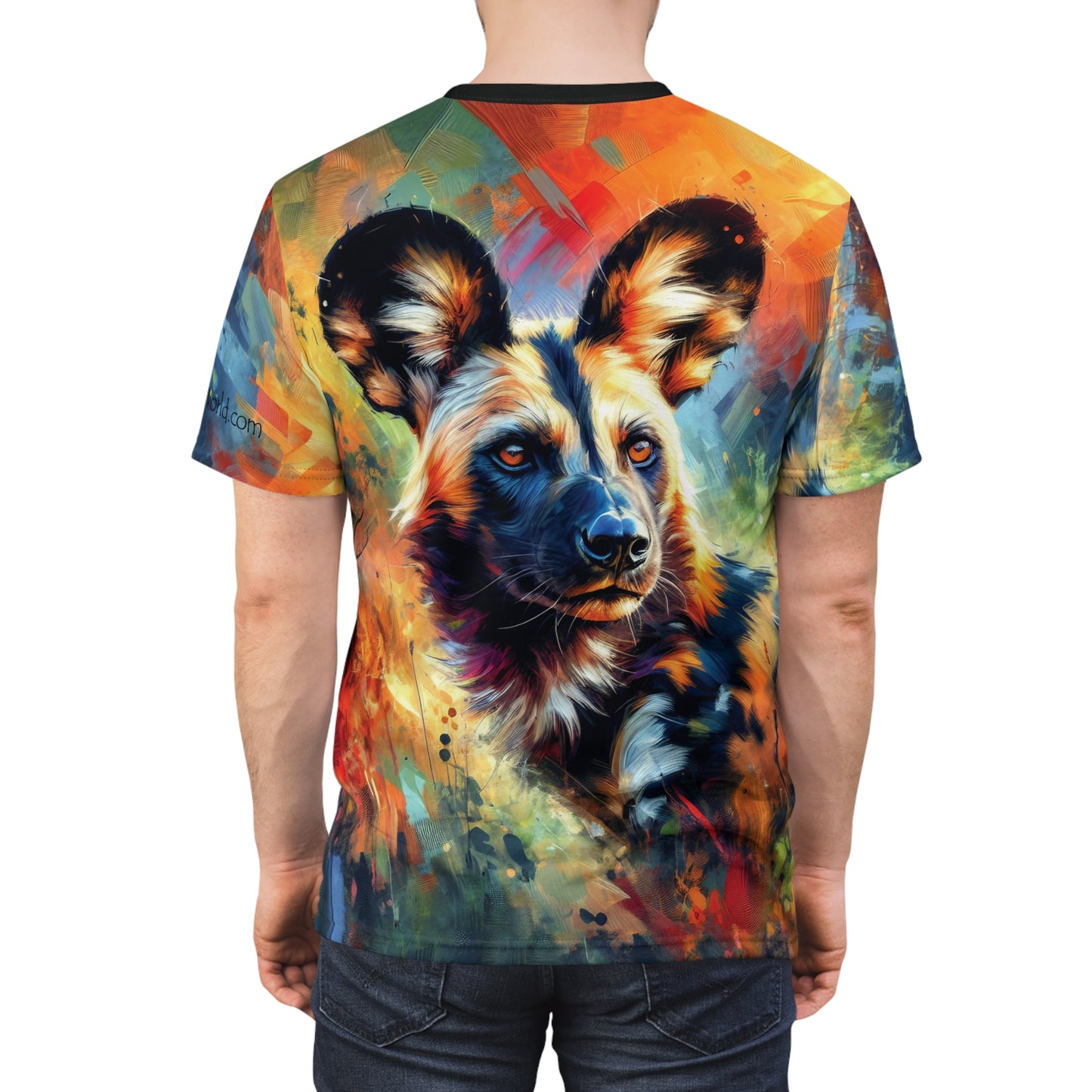 African Wild Dog Portrait Vibrant Art Tee | Colorful Unisex Cut & Sew T-Shirt, Wildlife Apparel, Unique Graphic Tee, Birthday Gift