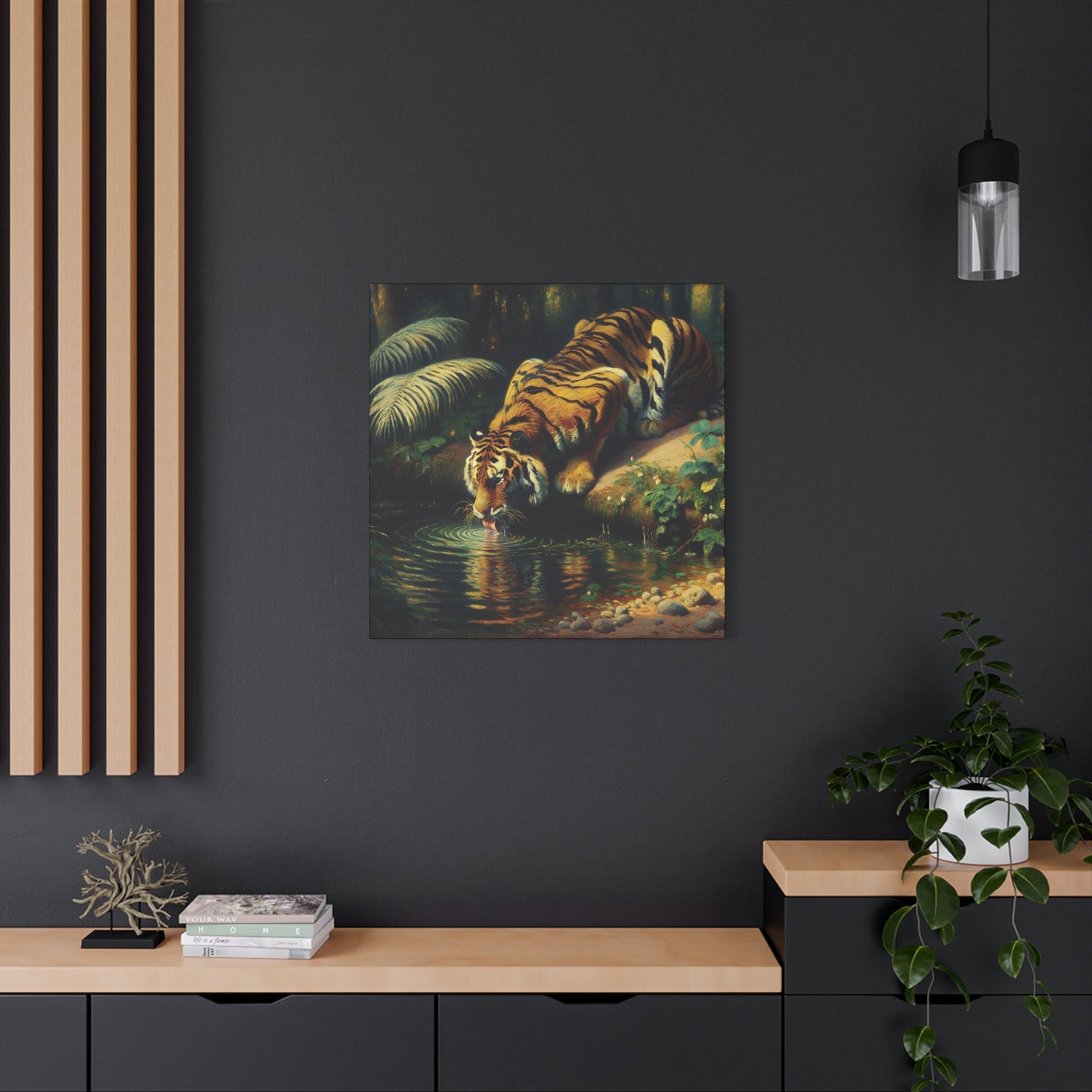 Tiger Drinking Impressionist Canvas Art Print