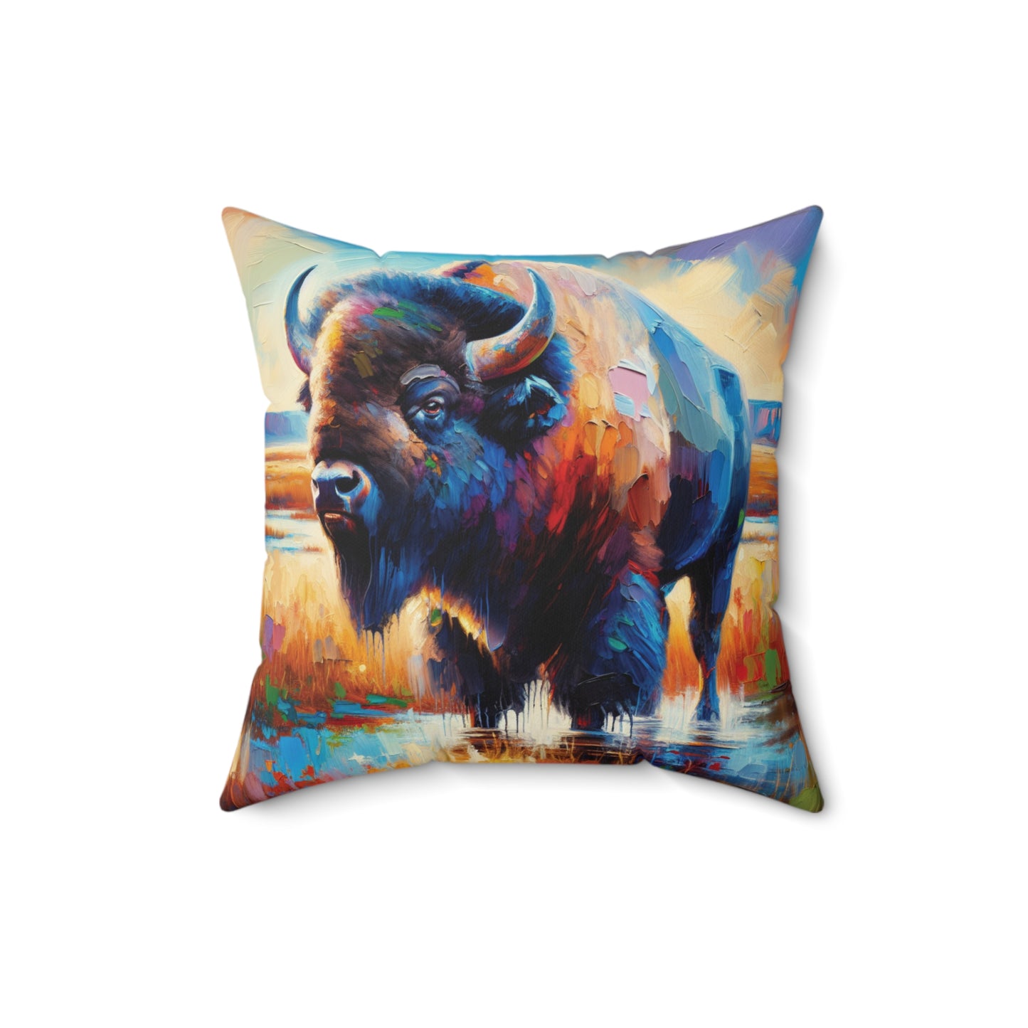Lone Bison After Rain -  Square Throw Pillows