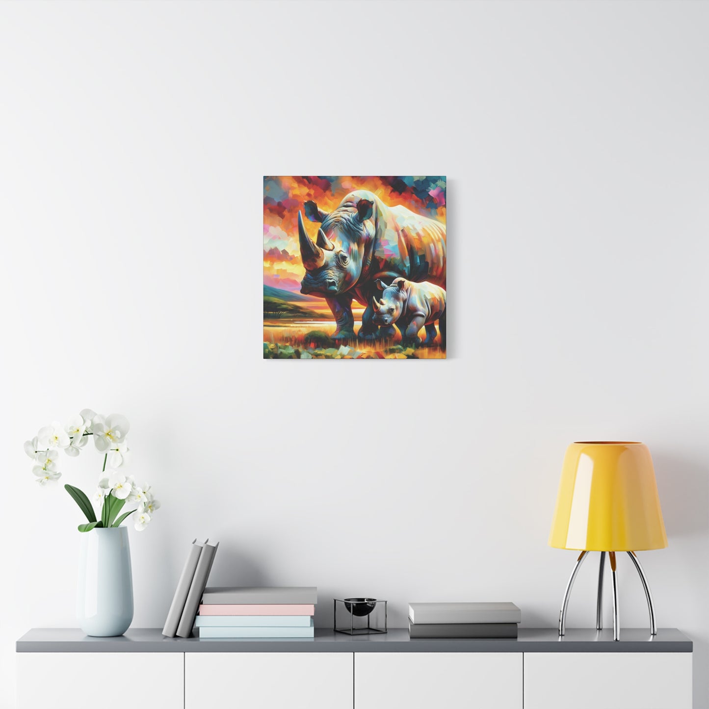 Rhinos at Sunset Expressionist Canvas Art Print