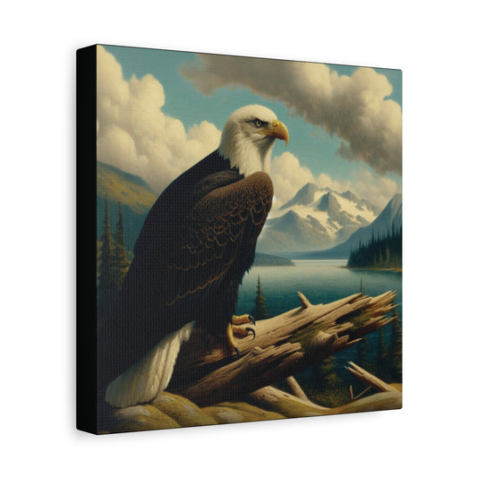 Canvas print of an eagle perched on a log with a mountainous landscape in the background