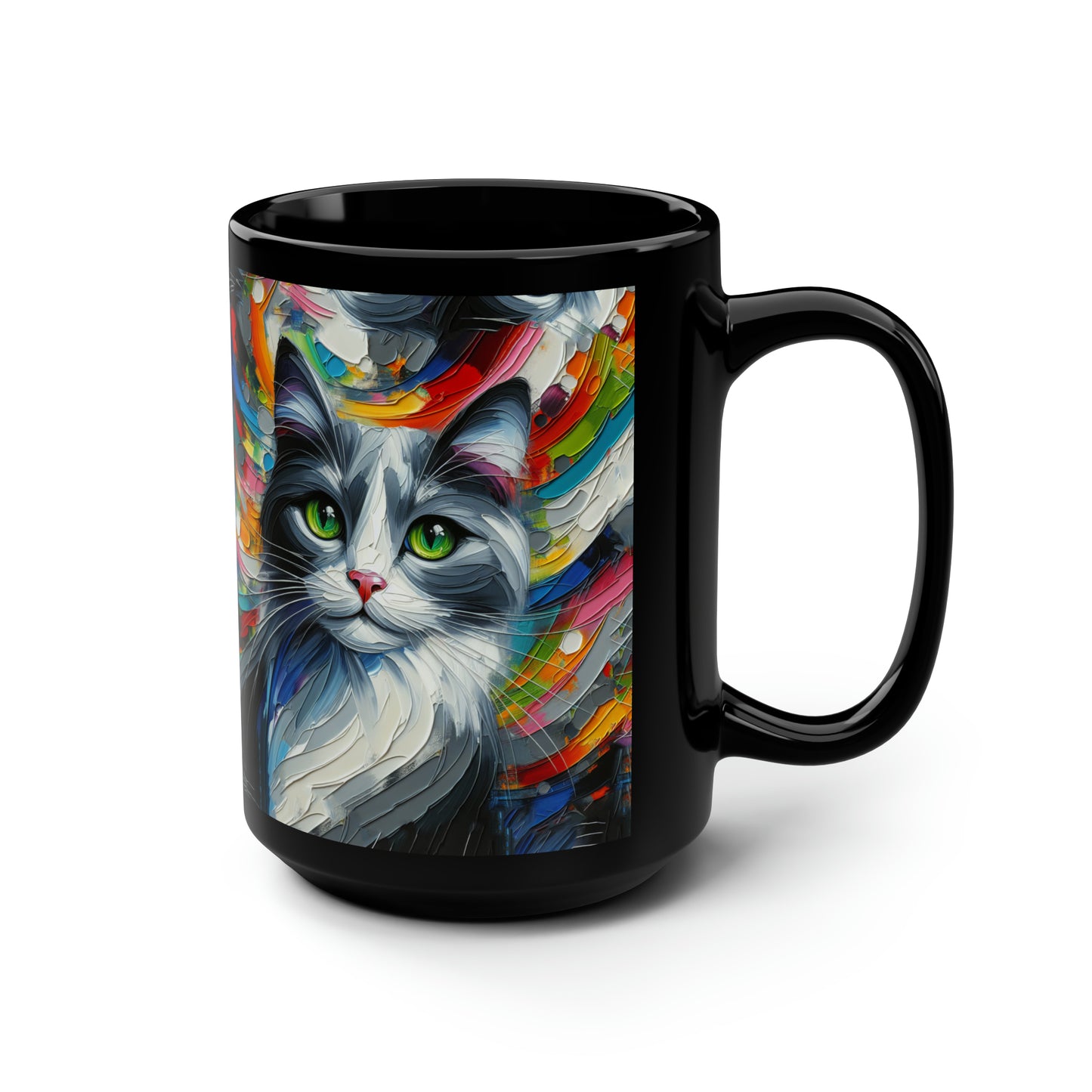 Grey and White Cat - Black Mug, 15oz