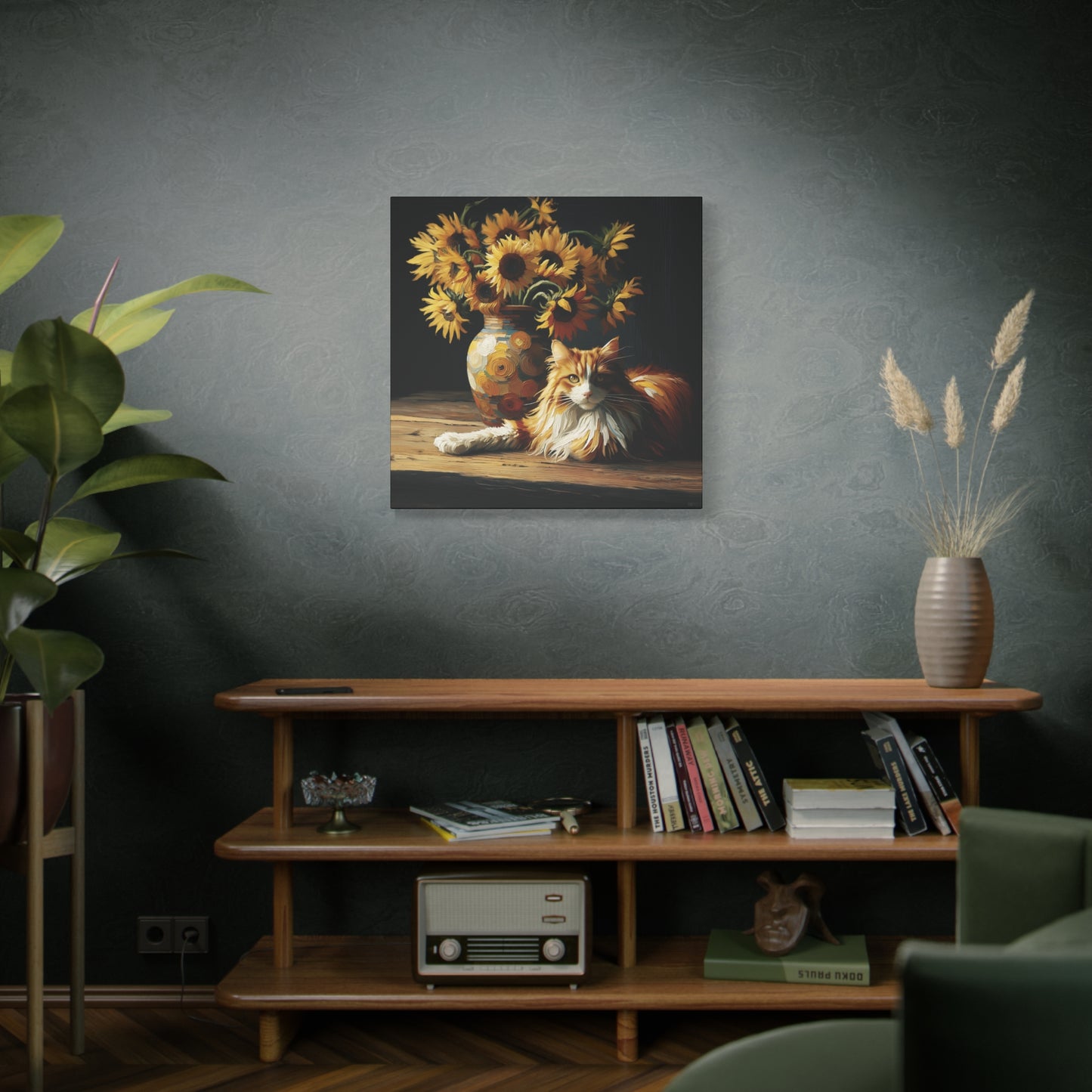 Canvas Wall Art - Orange and White Cat with Sunflowers Old Master Style Art