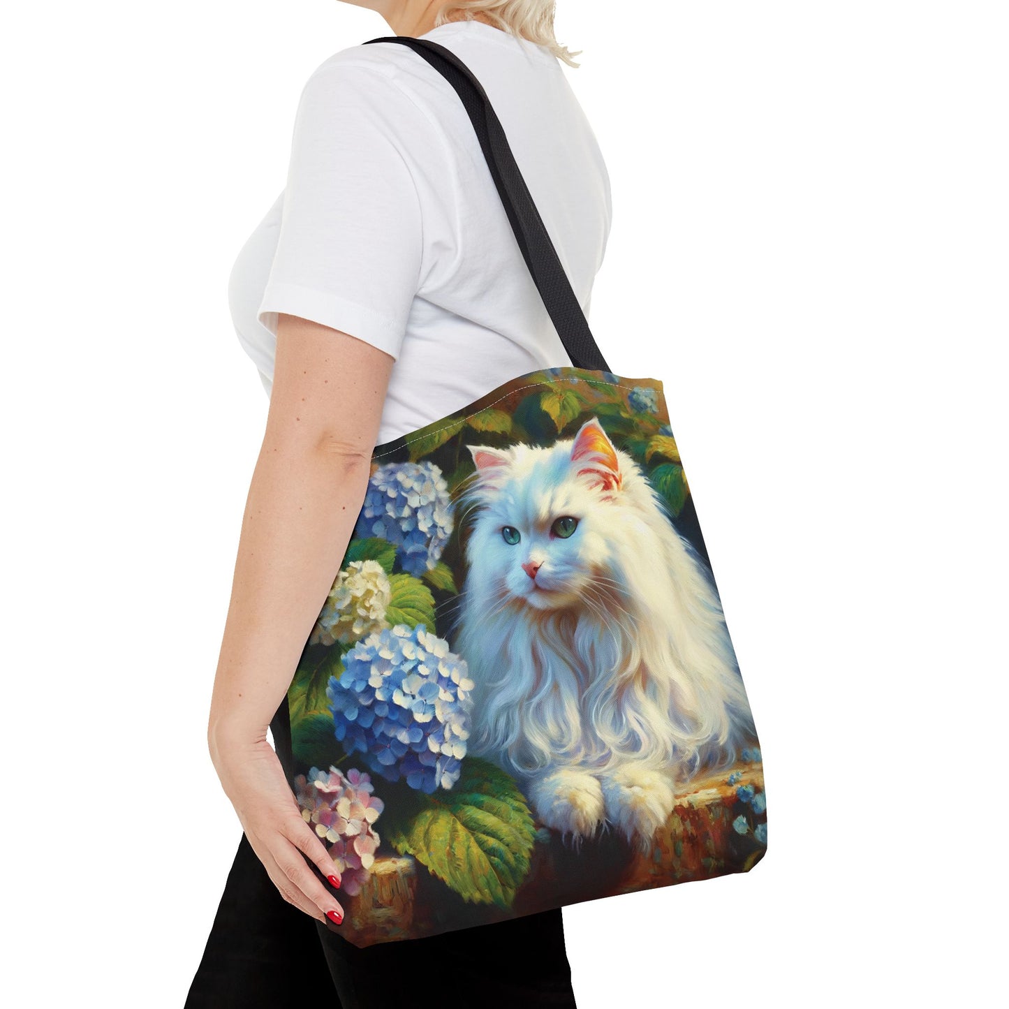 Cat Tote Bag - Impressionist Style Art featuring The Artist's White Cat with Hydrangeas