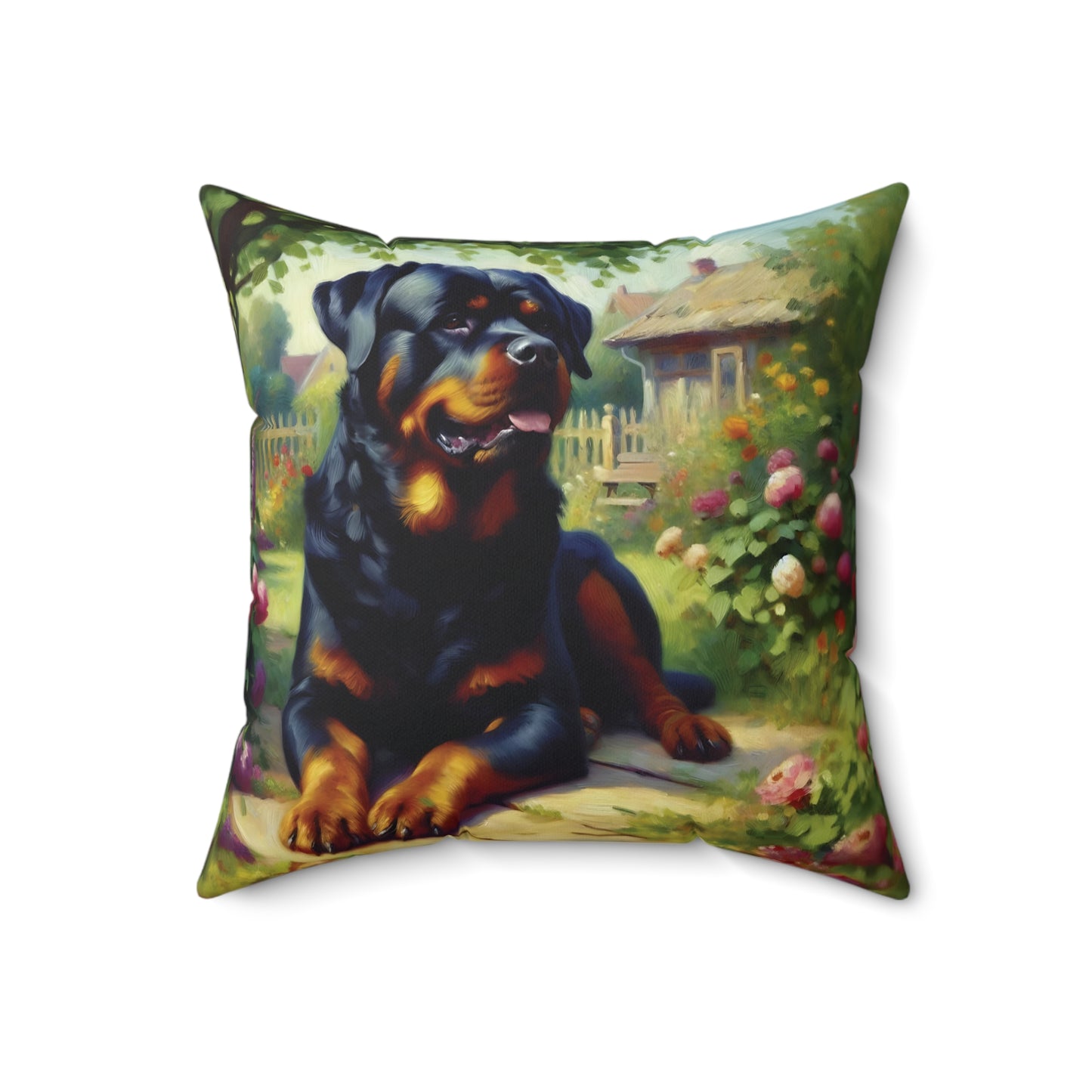 Rottweiler Throw Pillow - Impressionist Style Art - Rottweiler in Garden on Faux Suede Square Pillow