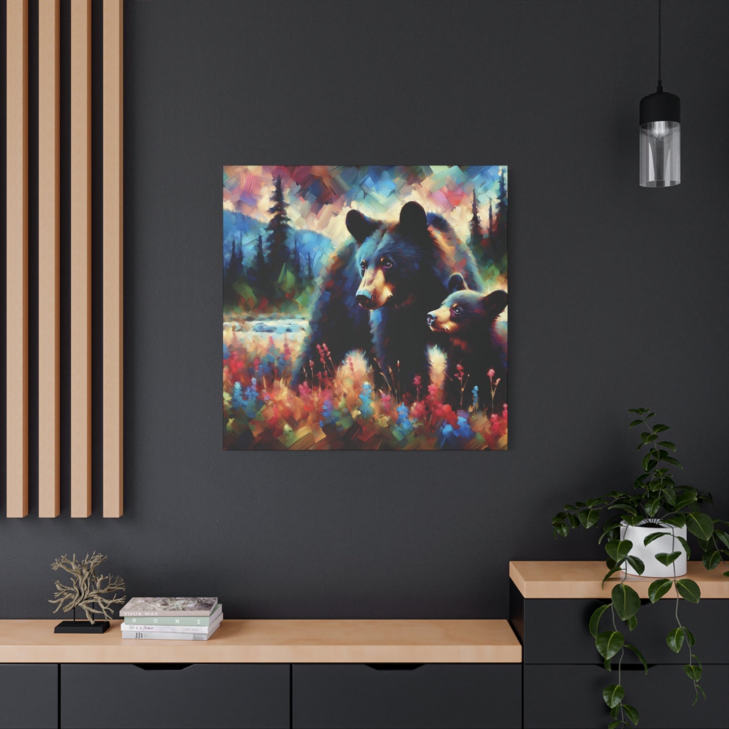 Canvas Wall Art - Black Bear with Cub in Forest Clearing - Contemporary Impressionist Art Print