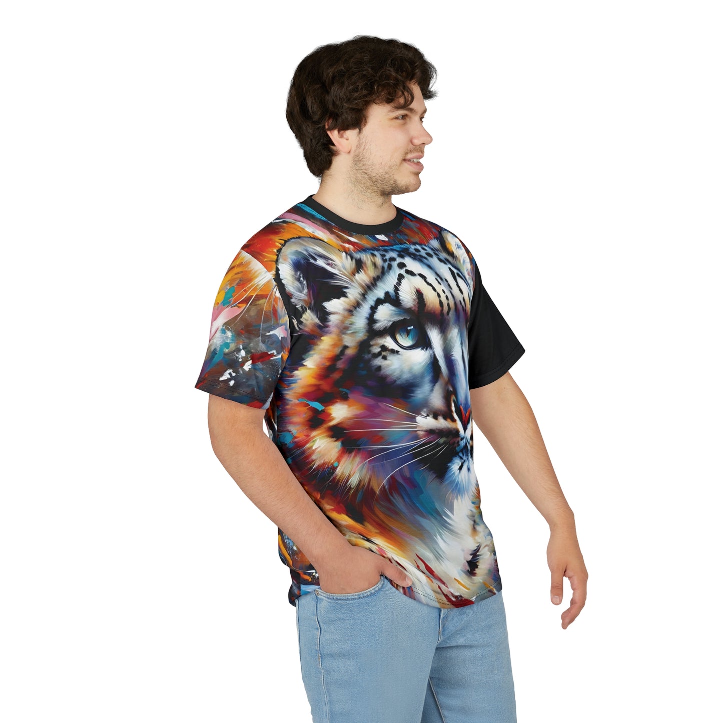Colorful Snow Leopard Vibrant Art Tee | Colorful Unisex Cut & Sew T-Shirt, Wildlife Apparel, Unique Graphic Tee, Birthday Gift