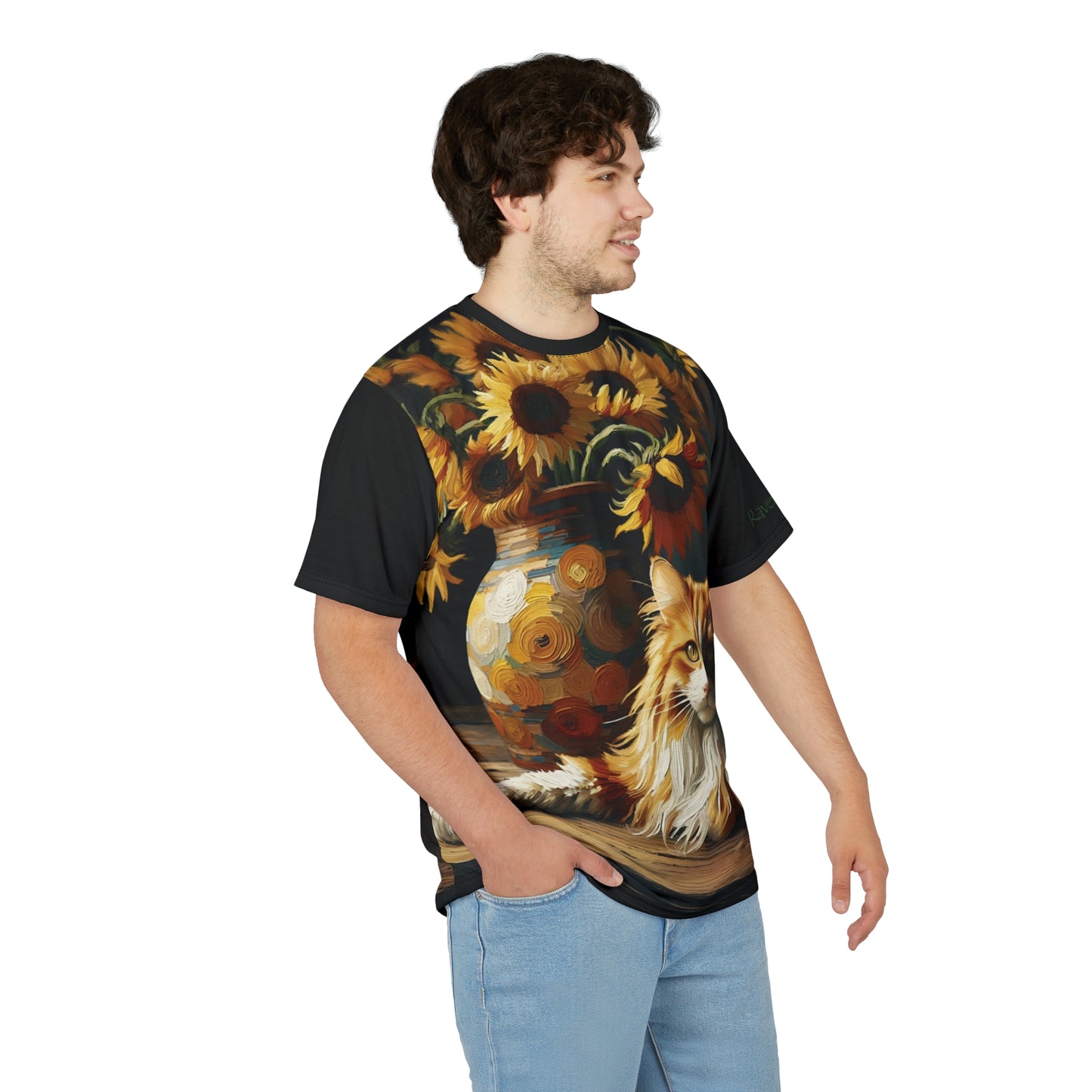 Orange and White Cat with Sunflowers Vibrant Art Tee | Colorful Unisex Cut & Sew T-Shirt, Cat Lover Apparel, Unique Graphic Tee, Birthday Gift