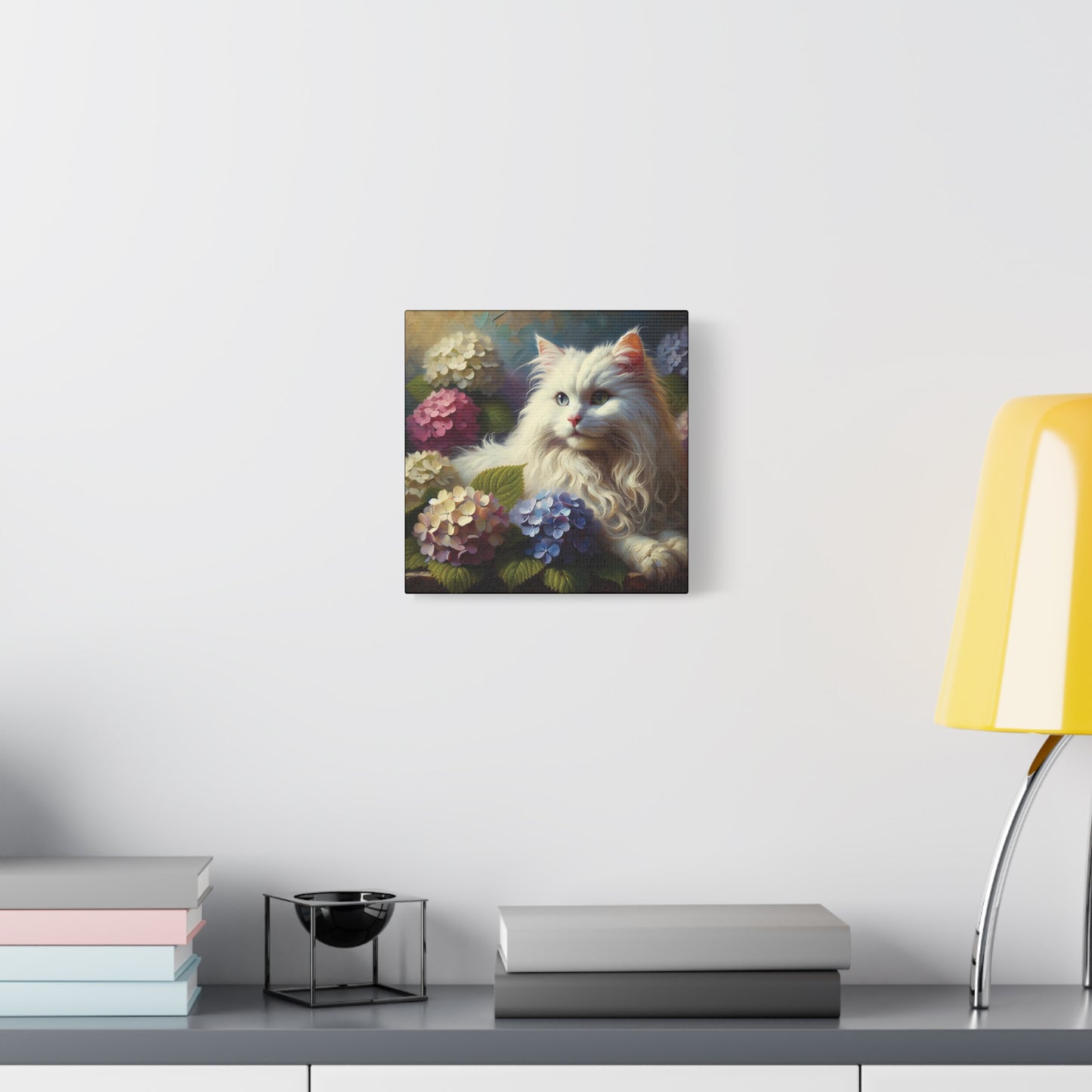 The Artist's White Cat with Hydrangeas, Impressionist Style Canvas Wall Art