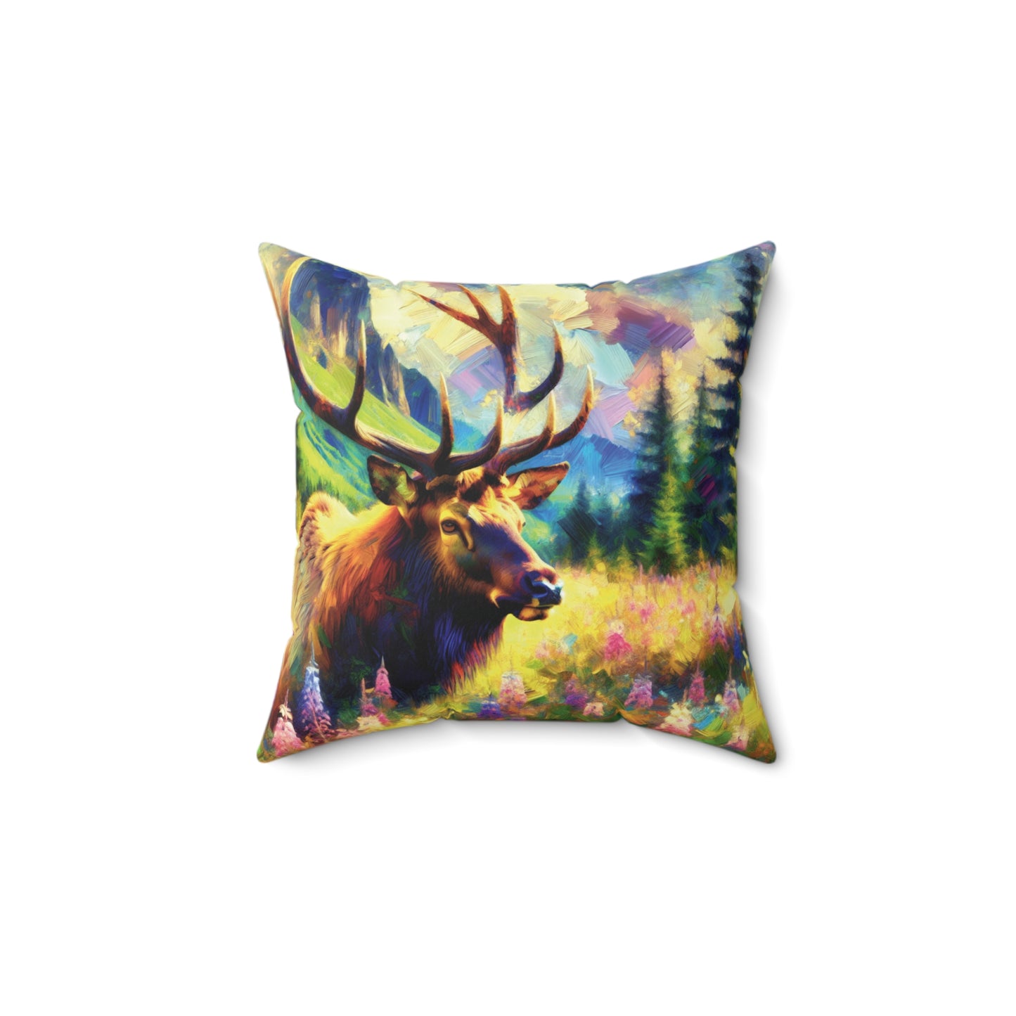 Bull Elk in Mountain Meadow - Square Throw Pillows