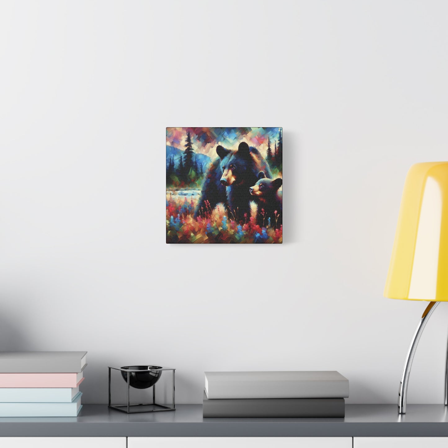 Canvas Wall Art - Black Bear with Cub in Forest Clearing - Contemporary Impressionist Art Print