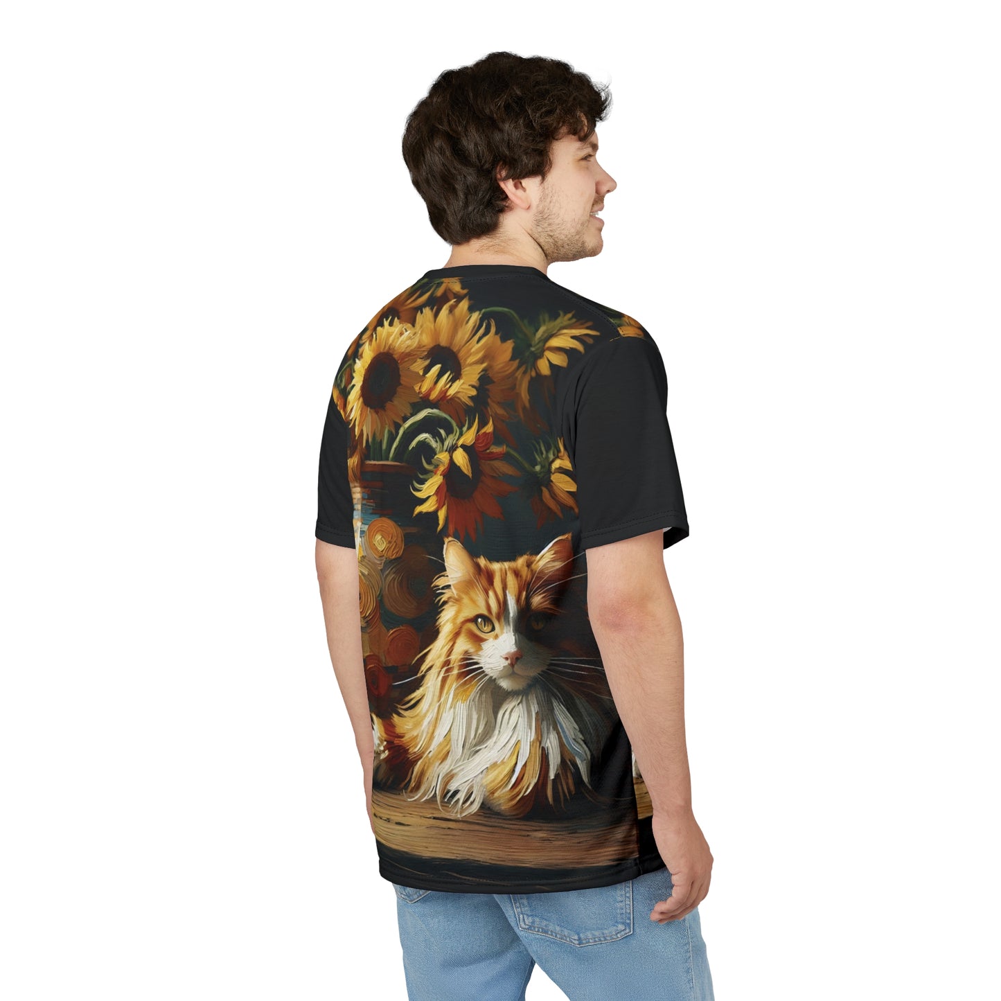 Orange and White Cat with Sunflowers Vibrant Art Tee | Colorful Unisex Cut & Sew T-Shirt, Cat Lover Apparel, Unique Graphic Tee, Birthday Gift