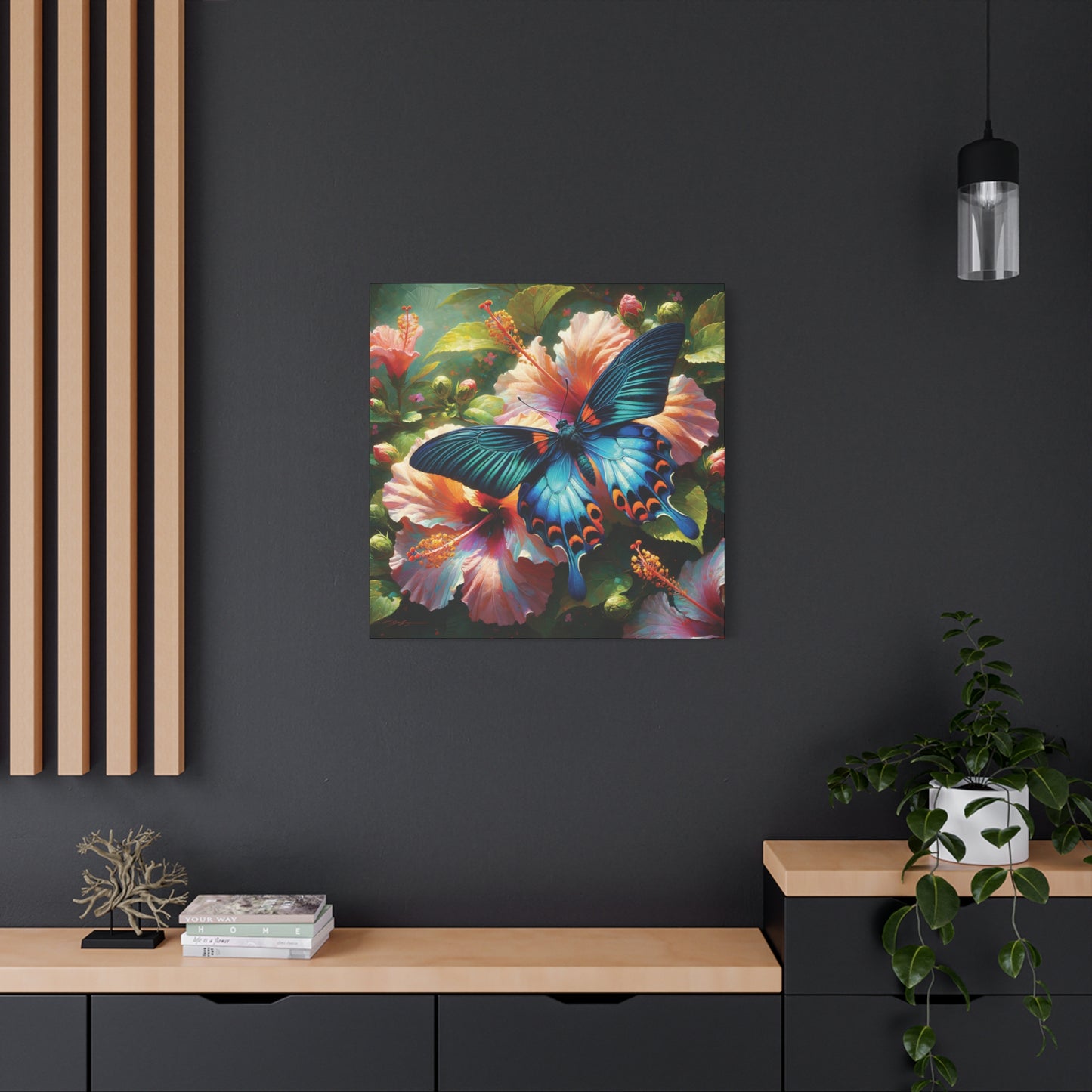 Butterfly Canvas Wall Art - Blue Butterfly with Hibiscus, Impressionist Art Style