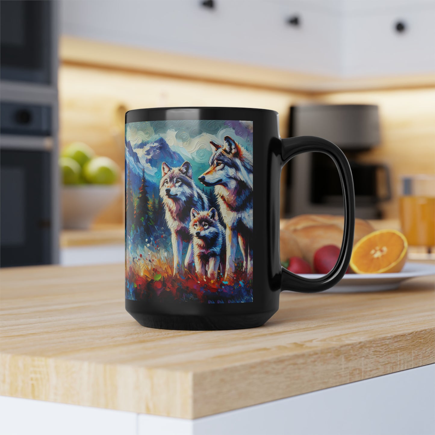 Gray Wolf Family - Black Mugs (11oz, 15oz)