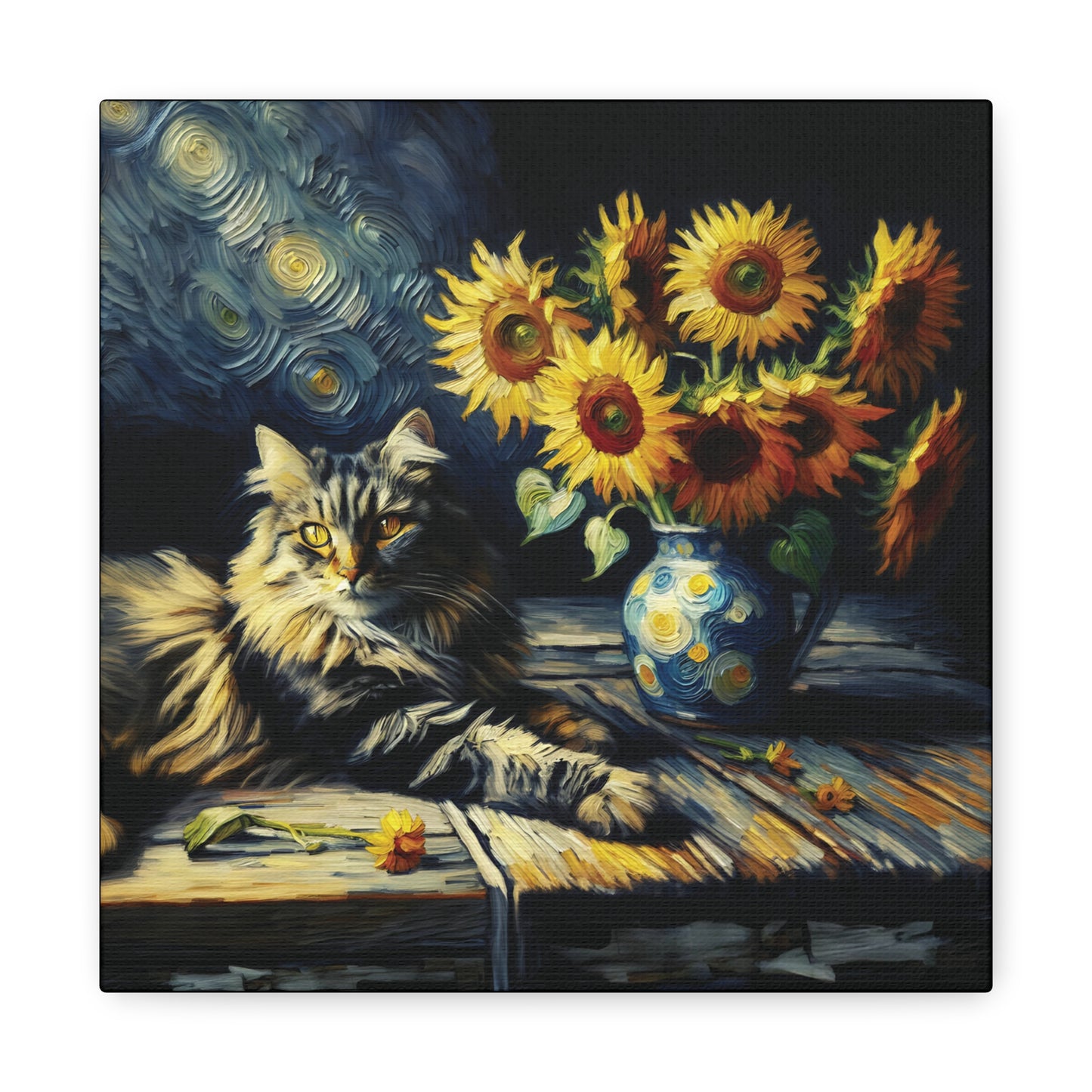 Canvas Wall Art - Grey Tabby Cat with Sunflowers - Old Master Style Art