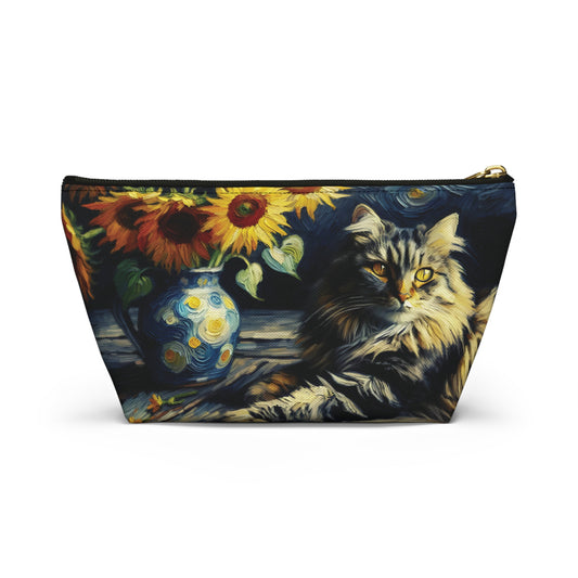 Grey Tabby Cat with Sunflowers T-bottom Pouch | Perfect for Cat Lovers, Gift for Pet Owners, Travel Accessory, Makeup Bag, Organizer