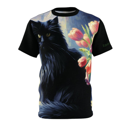 The Artist's Black Cat with Pink Tulips Vibrant Art Tee | Colorful Unisex Cut & Sew T-Shirt, Wildlife Apparel, Unique Graphic Tee, Birthday Gift