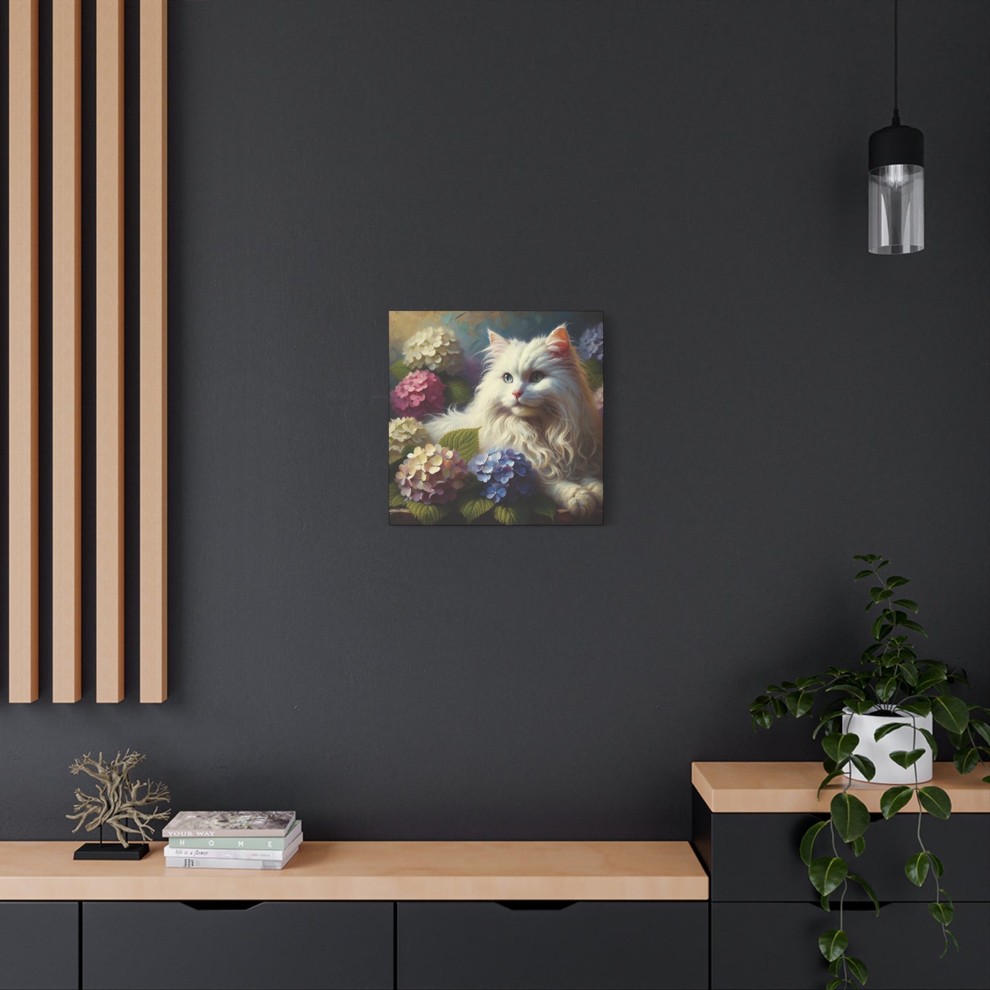 The Artist's White Cat with Hydrangeas, Impressionist Style Canvas Wall Art