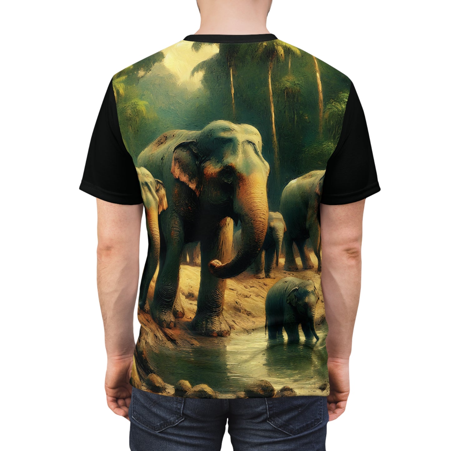 Asiatic Elephant Herd at Watering Hole Vibrant Art Tee | Colorful Unisex Cut & Sew T-Shirt, Wildlife Apparel, Unique Graphic Tee, Birthday Gift