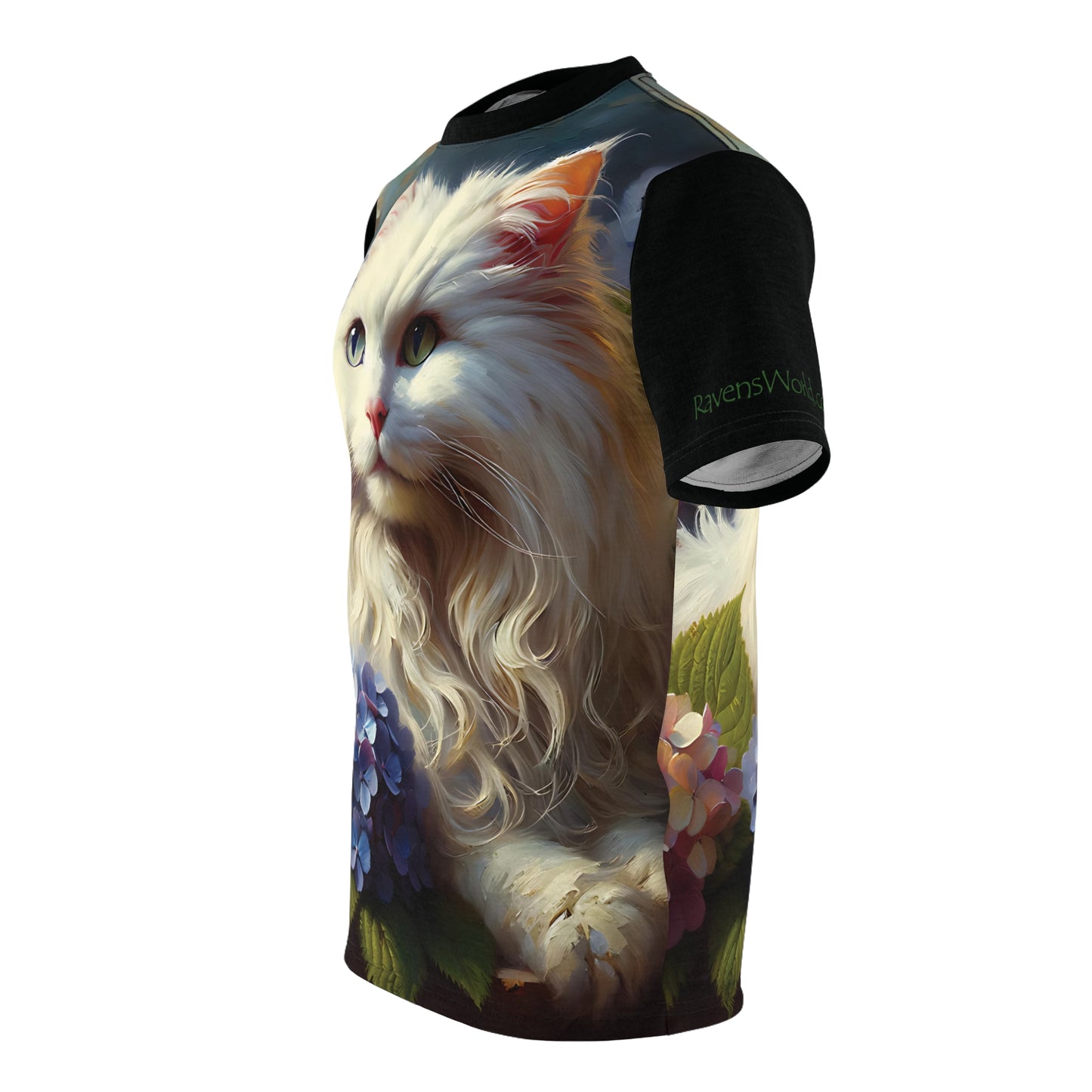 Young White Cat with Hydrangeas Vibrant Art Tee | Colorful Unisex Cut & Sew T-Shirt, Cat Lover Apparel, Unique Graphic Tee, Birthday Gift