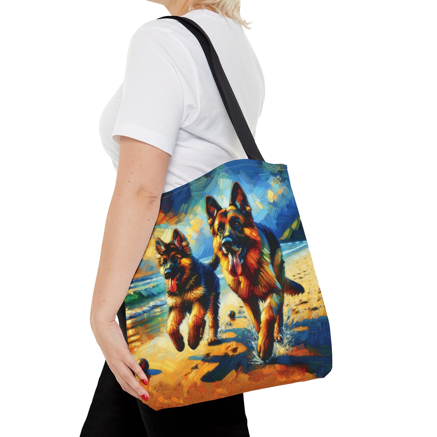 German Shepherd and Pup on Beach - Tote Bag