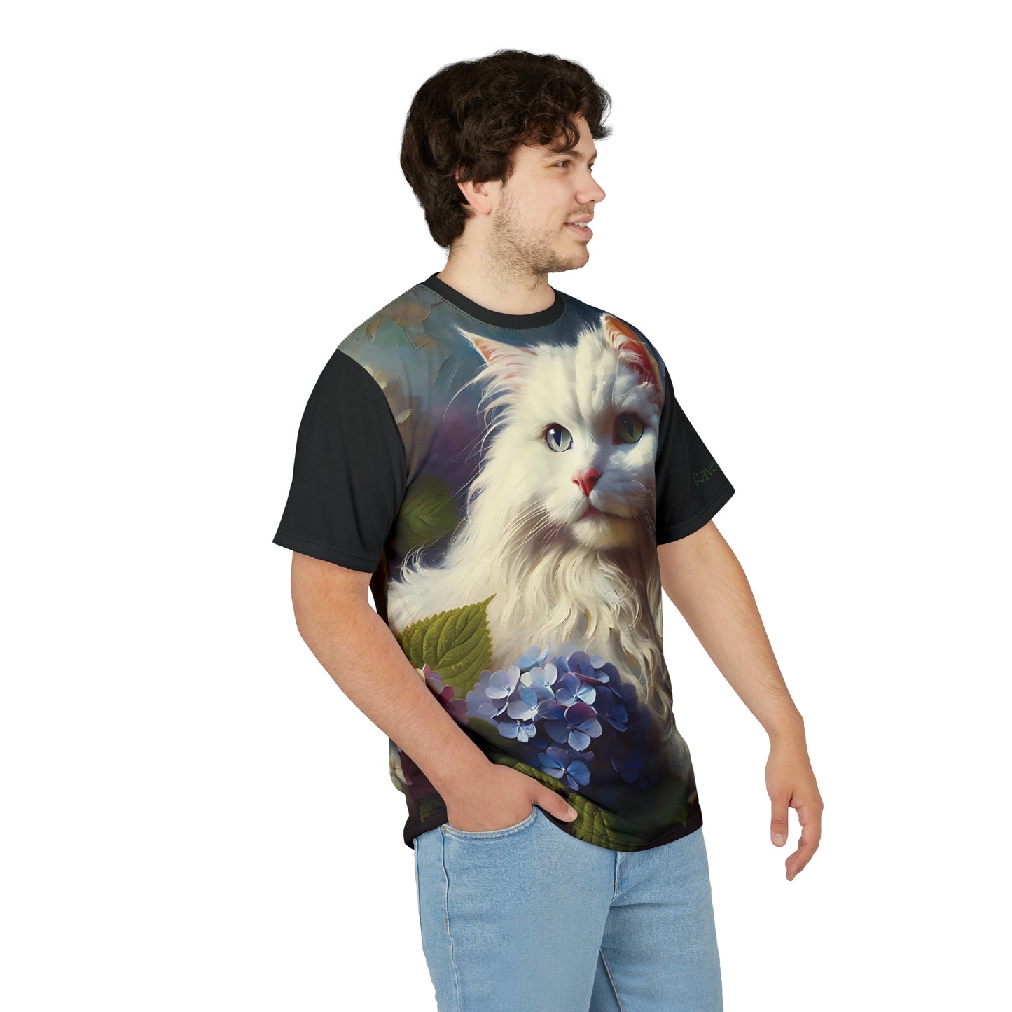 Young White Cat with Hydrangeas Vibrant Art Tee | Colorful Unisex Cut & Sew T-Shirt, Cat Lover Apparel, Unique Graphic Tee, Birthday Gift