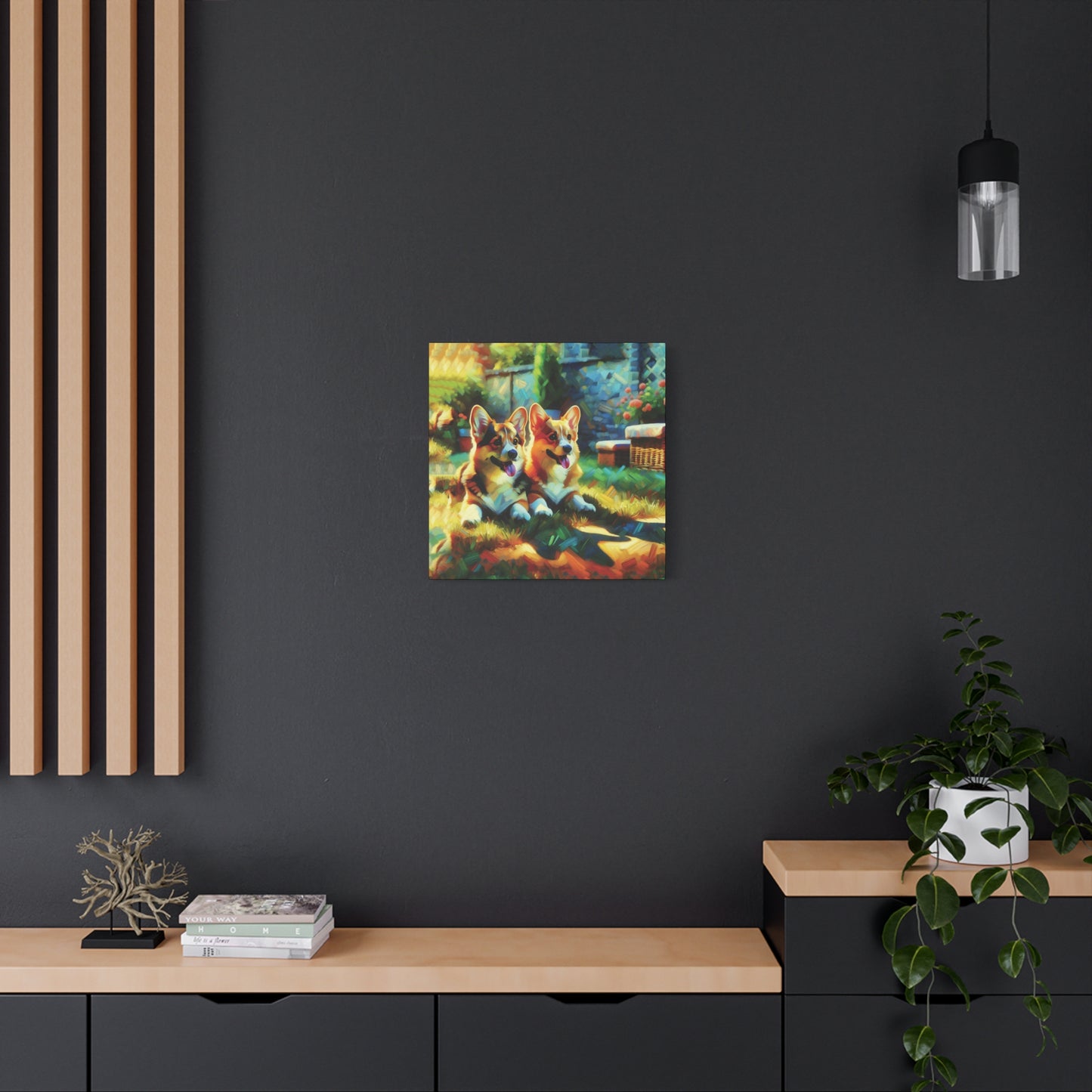 Canvas Wall Art - Pembroke Corgi Pair Resting in Garden - Contemporary Impressionist Print