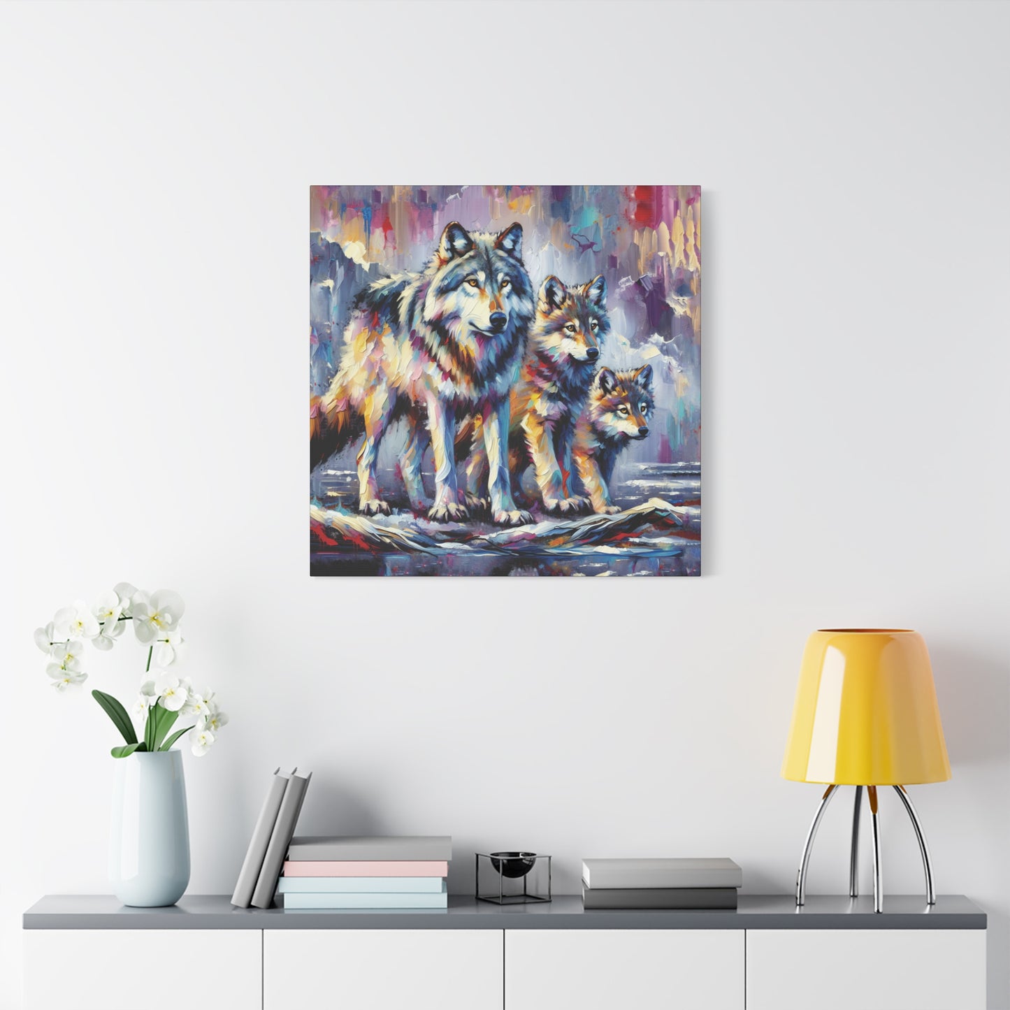 Wolf Canvas Wall Art - Wolf with Juveniles Expressionist Canvas Print