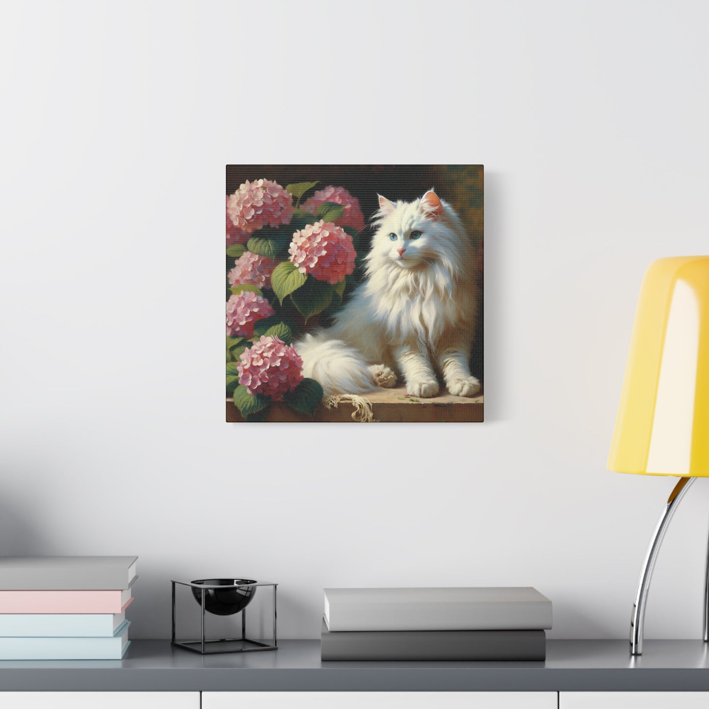 Canvas Wall Art - Blue-Eyed White Cat with Pink Hydrangeas, Impressionist Style Square Print